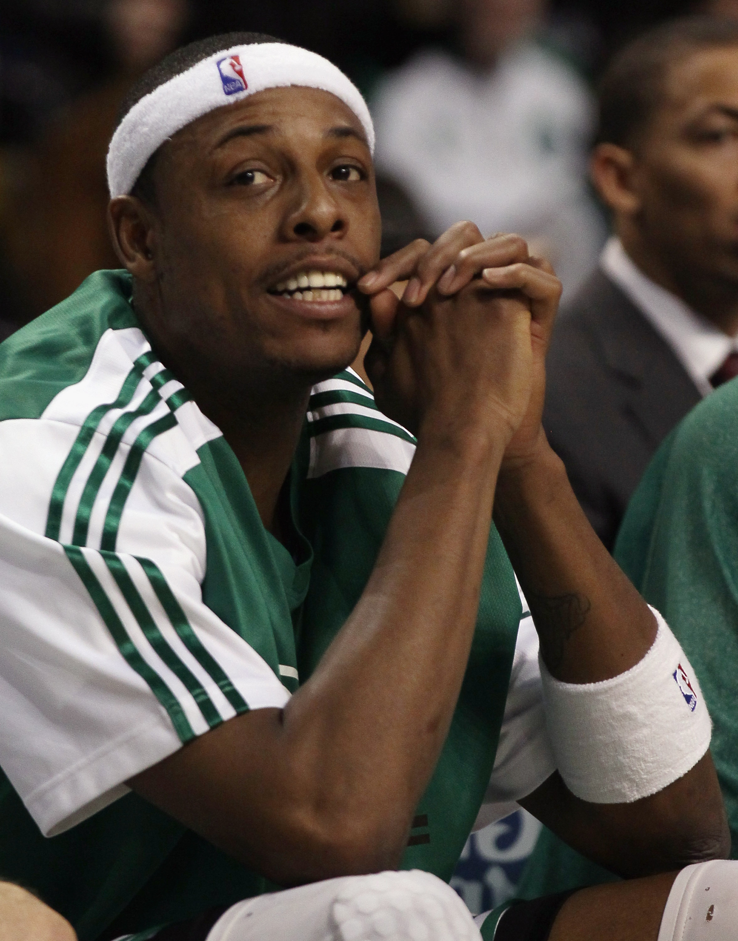 BOSTON, MA - DECEMBER 16:  Paul Pierce #34 of the Boston Celtics looks on from the bench in the first half against the Atlanta Hawks on December 16, 2010 at the TD Garden in Boston, Massachusetts. NOTE TO USER: User expressly acknowledges and agrees that,