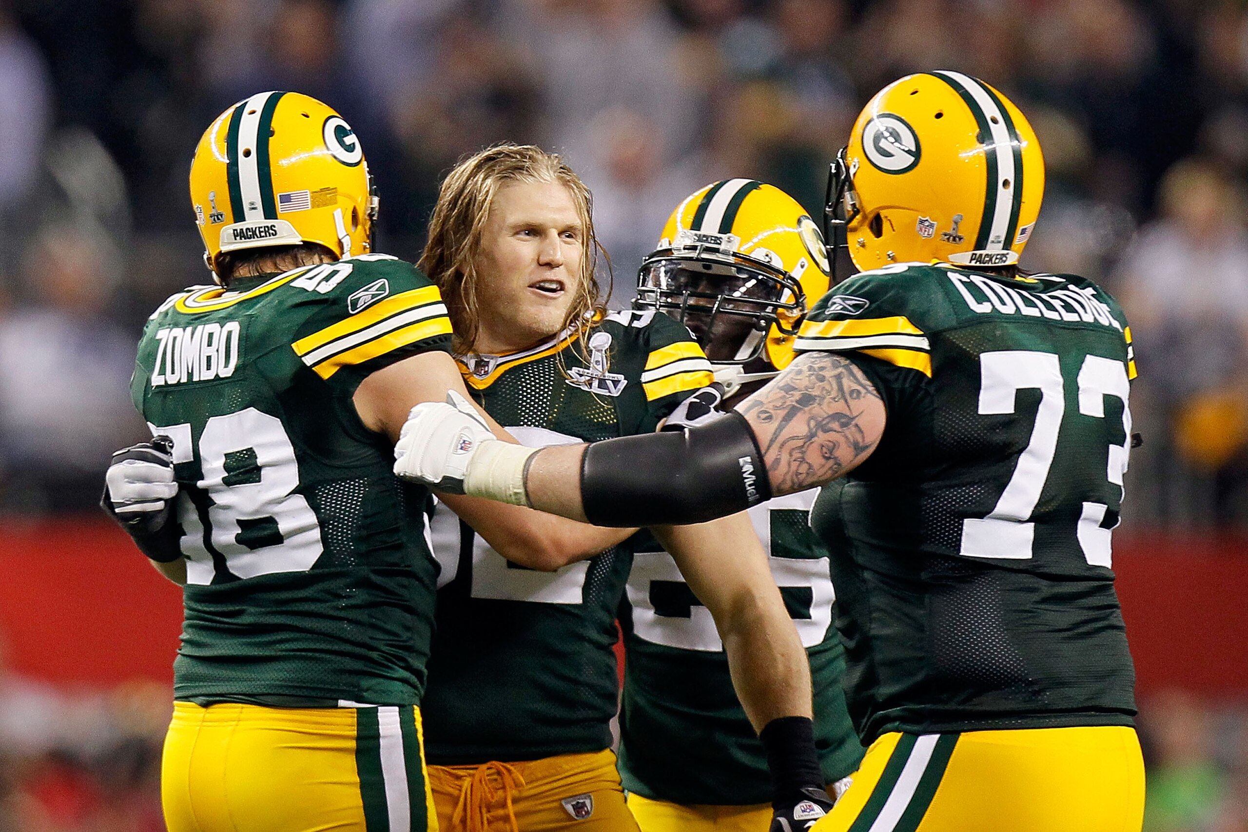 ARLINGTON, TX - FEBRUARY 06: Clay Matthews #52 of the Green Bay Packers celebrates with teammates Frank Zombo #58 and Daryn Colledge #73 in the final minute of the Packers 31-25 win against the Pittsburgh Steelers during Super Bowl XLV at Cowboys Stadium ARLINGTON, TX - FEBRUARY 06: Clay Matthews #52 of the Green Bay Packers celebrates with teammates Frank Zombo #58 and Daryn Colledge #73 in the final minute of the Packers 31-25 win against the Pittsburgh Steelers during Super Bowl XLV at Cowboys Stadium