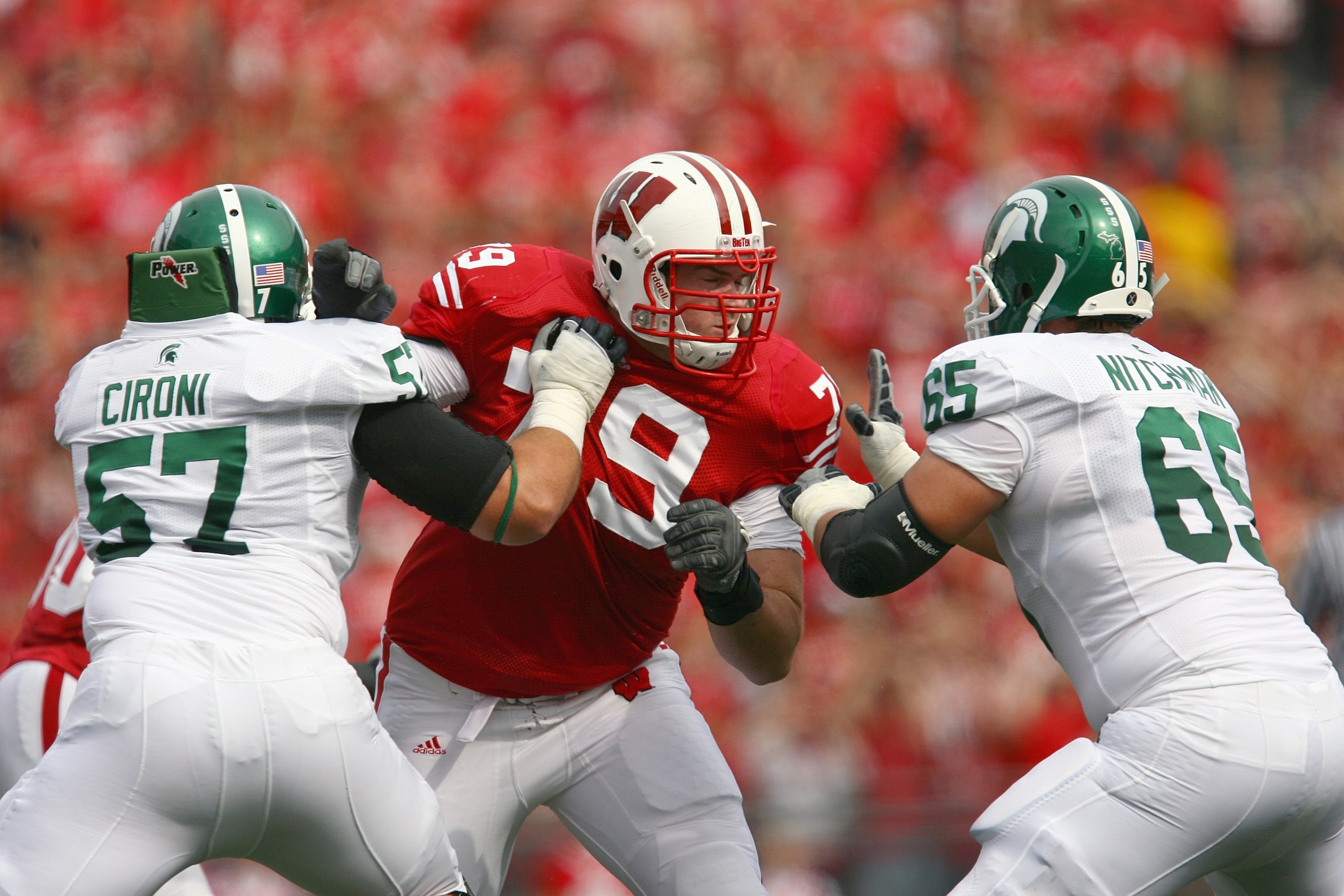 MADISON, WI - SEPTEMBER 26: Jeff Stehle #79 of the Wisconsin Badgers moves off the line against the Michigan State Spartans on September 26, 2009 at Camp Randall Stadium in Madison, Wisconsin. (Photo by Jonathan Daniel/Getty Images)