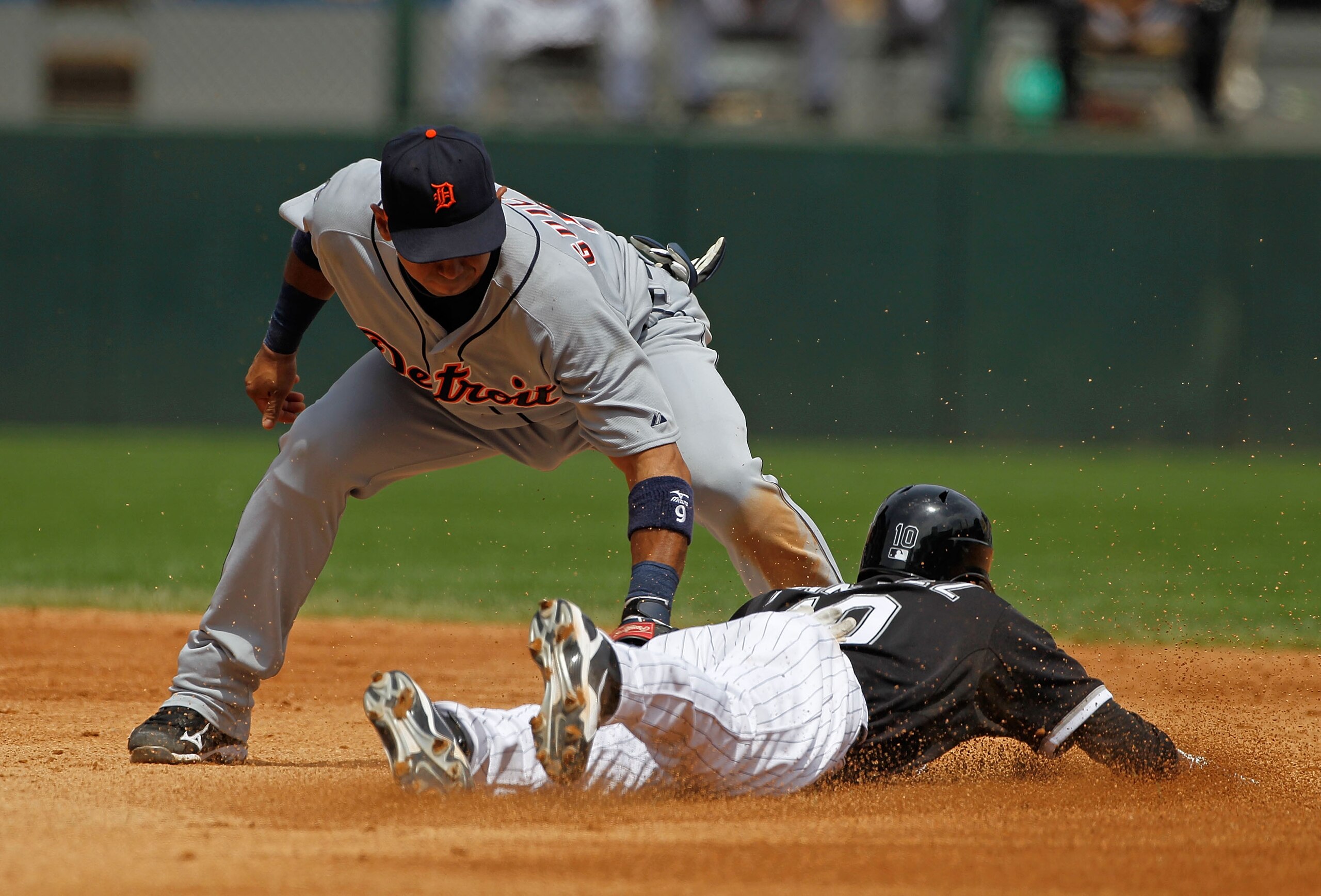 CHICAGO - JUNE 10: Alexei Ramirez #10 of the Chicago White Sox is tagged out trying to steal second base by Carlos Guillen #9 of the Detroit Tigers in the 5th inning at U.S. Cellular Field on June 10, 2010 in Chicago, Illinois. The White Sox defeated the