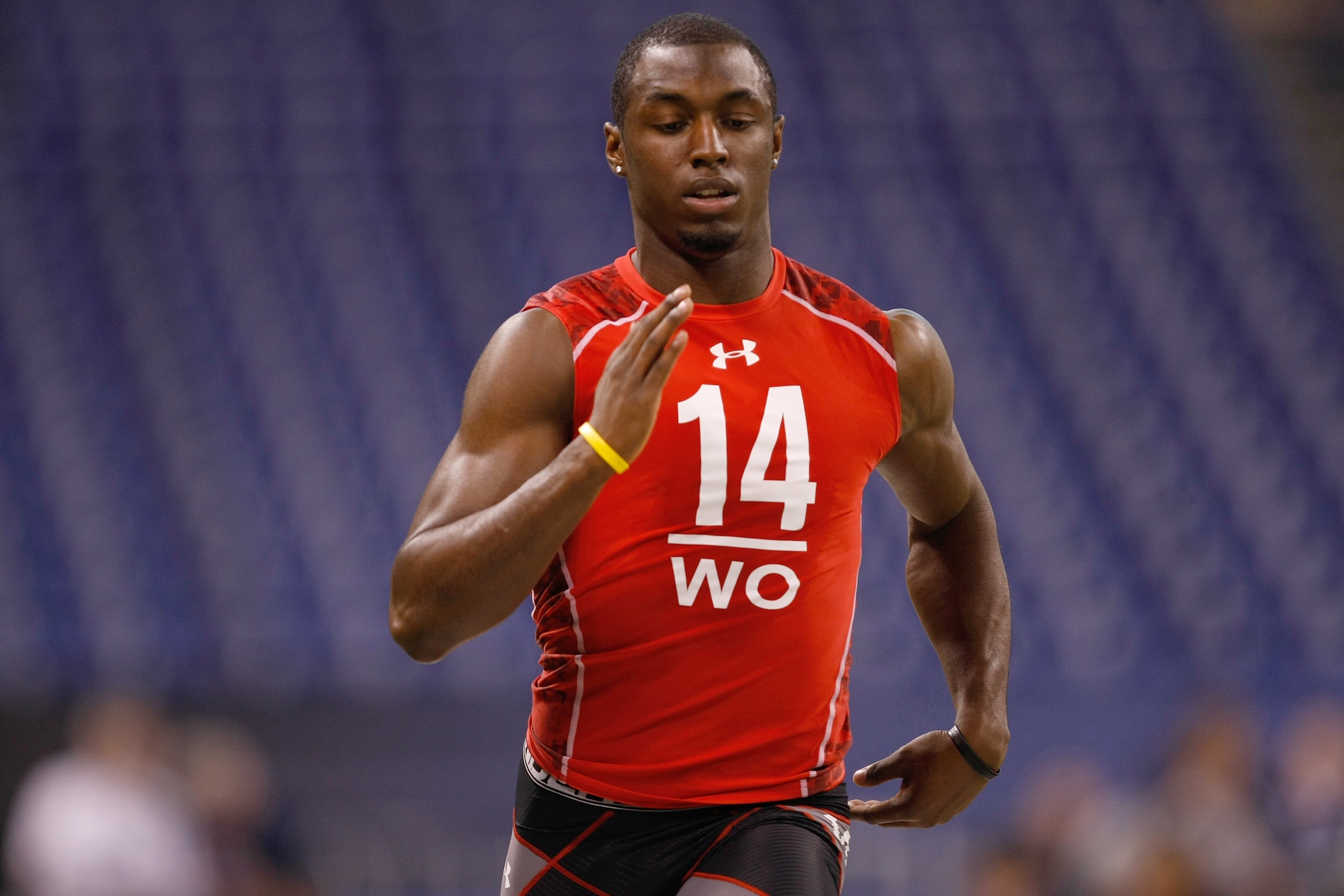 INDIANAPOLIS, IN - FEBRUARY 28: Wide receiver Marcus Easley of Connecticut runs the 40 yard dash during the NFL Scouting Combine presented by Under Armour at Lucas Oil Stadium on February 28, 2010 in Indianapolis, Indiana. (Photo by Scott Boehm/Getty Imag