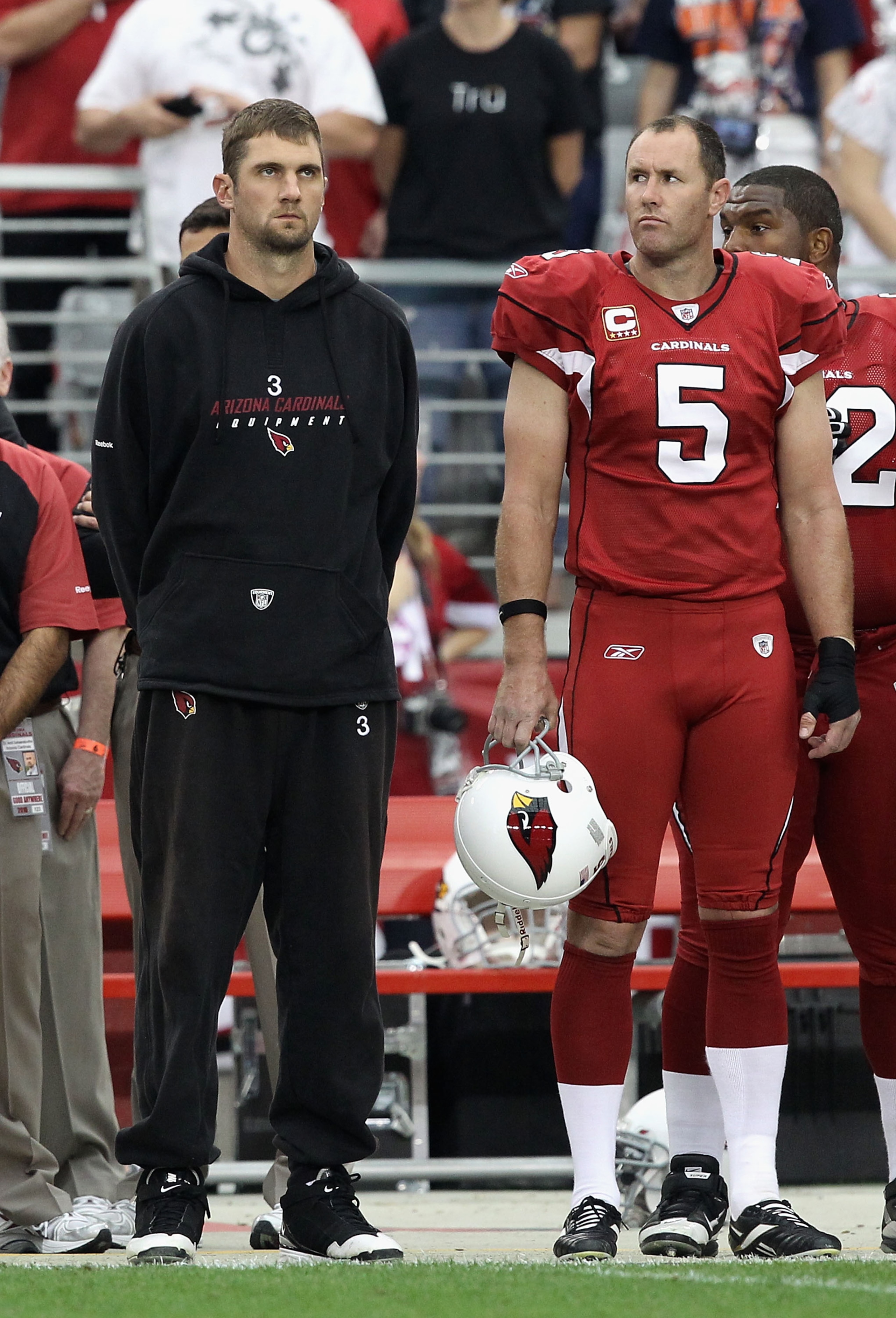 GLENDALE, AZ - DECEMBER 12:  Quarterback Derek Anderson #3 and Ben Graham #5 of the Arizona Cardinals stand attended for the National Anthem before the NFL game against the Denver Broncos at the University of Phoenix Stadium on December 12, 2010 in Glenda