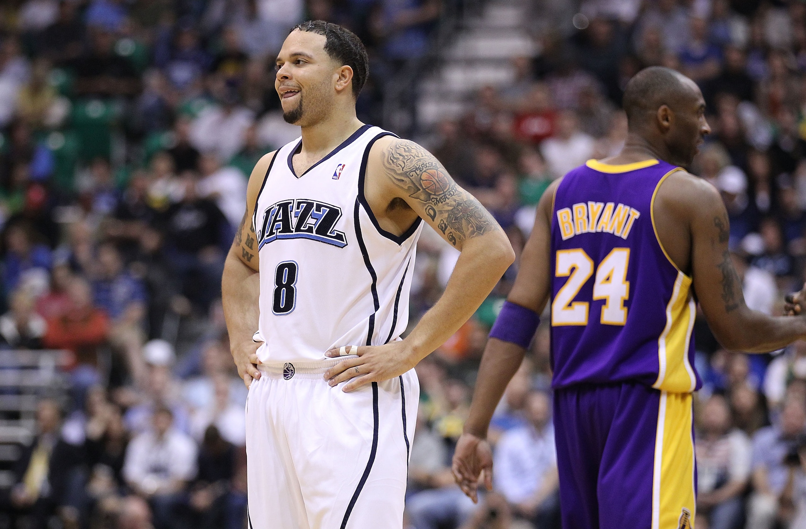 SALT LAKE CITY - MAY 10:  Deron Williams #8 of the Utah Jazz looks on against the Los Angeles Lakers during Game Four of the Western Conference Semifinals of the 2010 NBA Playoffs on May 10, 2010 at Energy Solutions Arena in Salt Lake City, Utah. NOTE TO