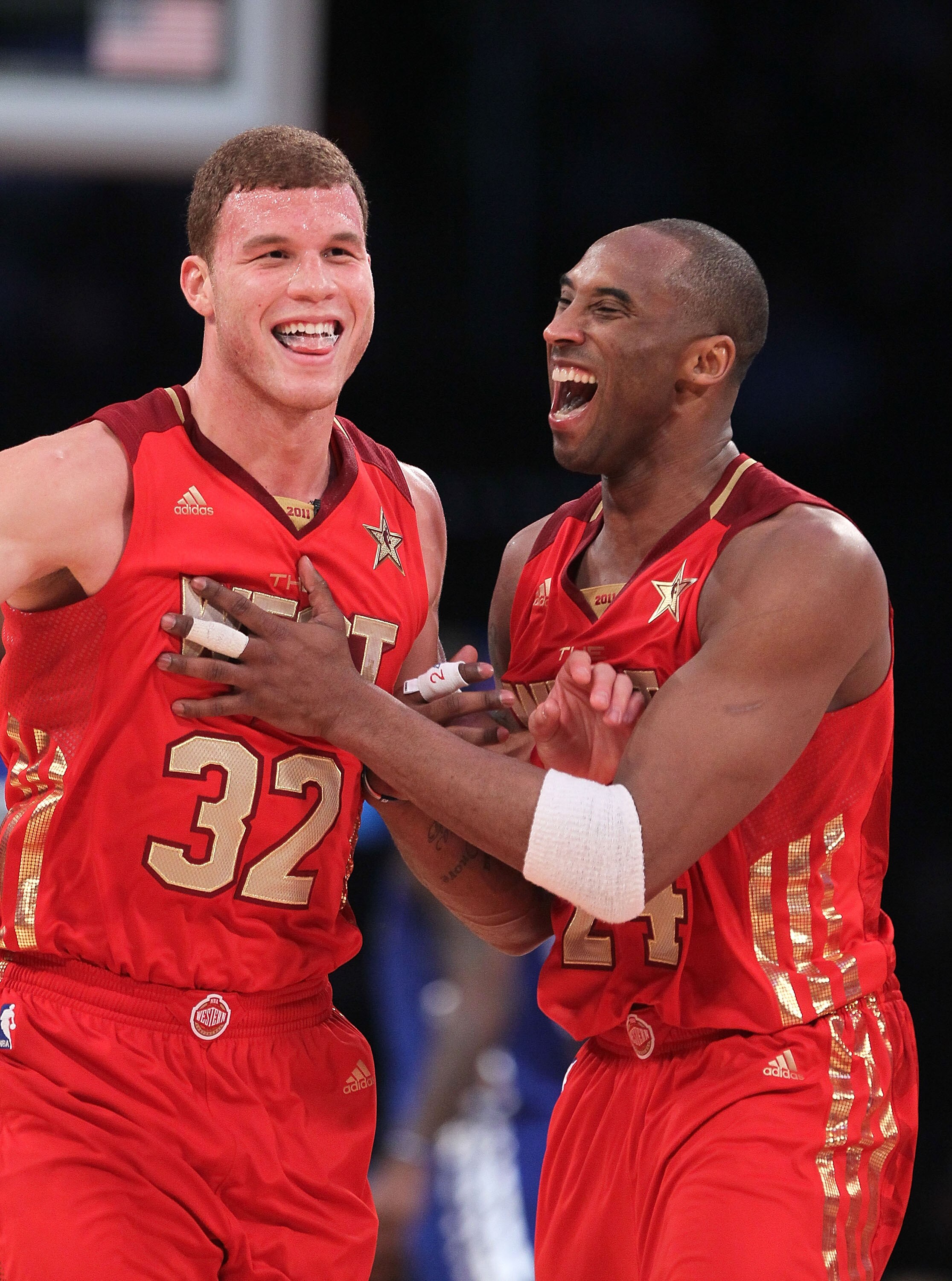 LOS ANGELES, CA - FEBRUARY 20:  Blake Griffin #32 of the Los Angeles Clippers and the Western Conference and Kobe Bryant #24 of the Los Angeles Lakers and the Western Conference react in the second half of the 2011 NBA All-Star Game at Staples Center on F