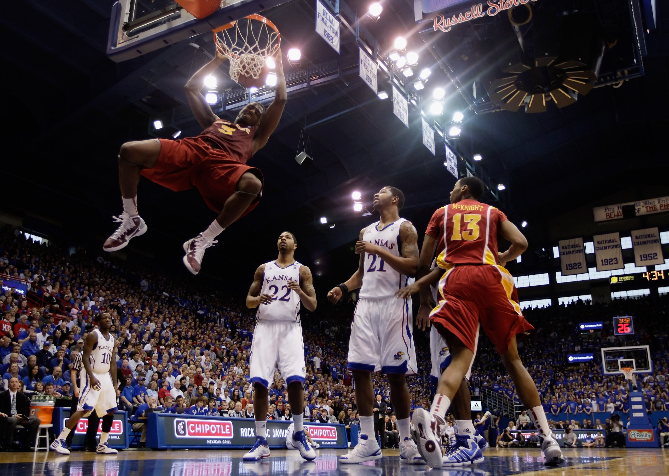 LAWRENCE, KS - FEBRUARY 12:  Melvin Ejim #3 of the Iowa State Cyclones dunks during the game against the Kansas Jayhawks on February 12, 2011 at Allen Fieldhouse in Lawrence, Kansas.  (Photo by Jamie Squire/Getty Images)