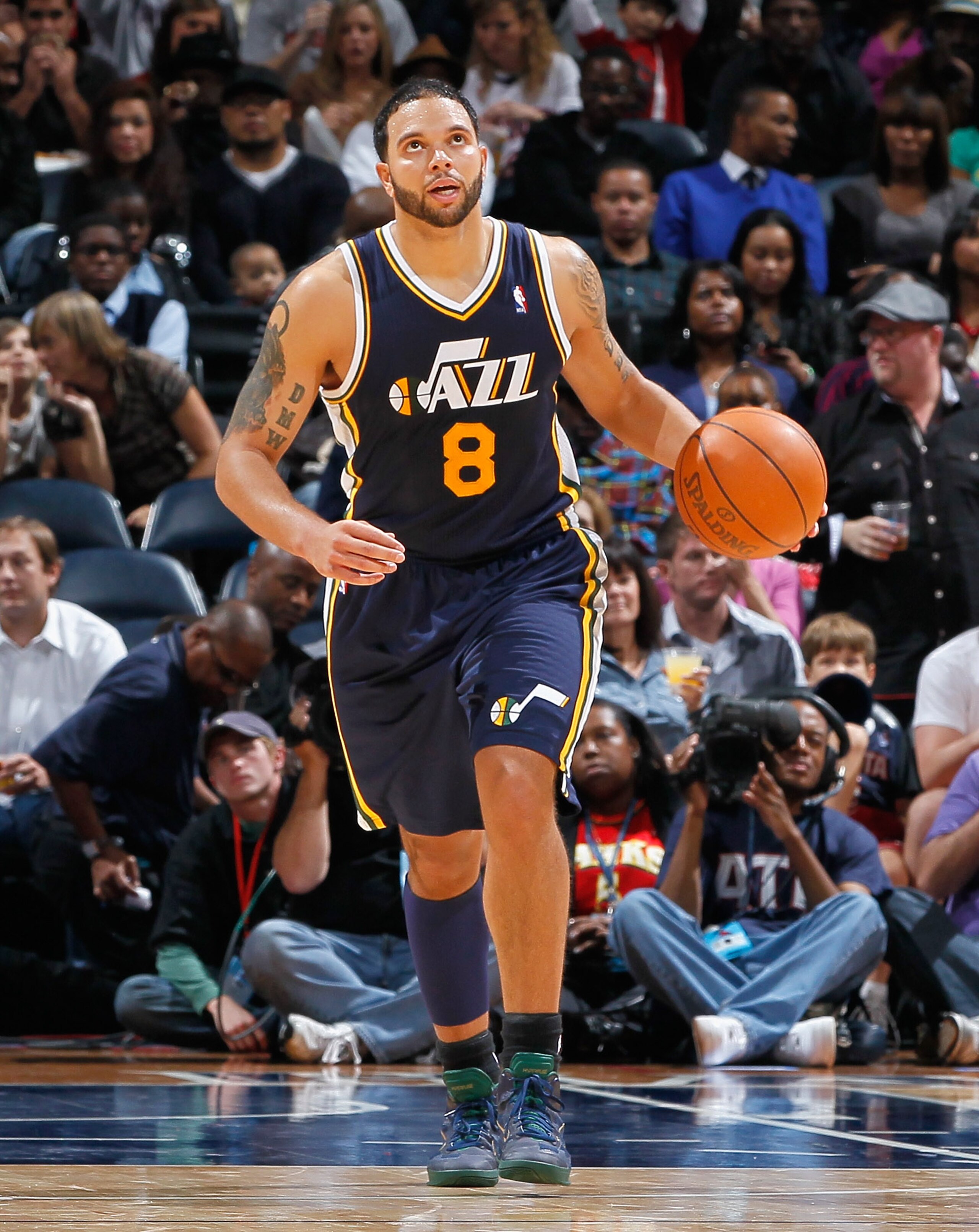ATLANTA - NOVEMBER 12:  Deron Williams #8 of the Utah Jazz against the Atlanta Hawks at Philips Arena on November 12, 2010 in Atlanta, Georgia.  NOTE TO USER: User expressly acknowledges and agrees that, by downloading and/or using this Photograph, User i