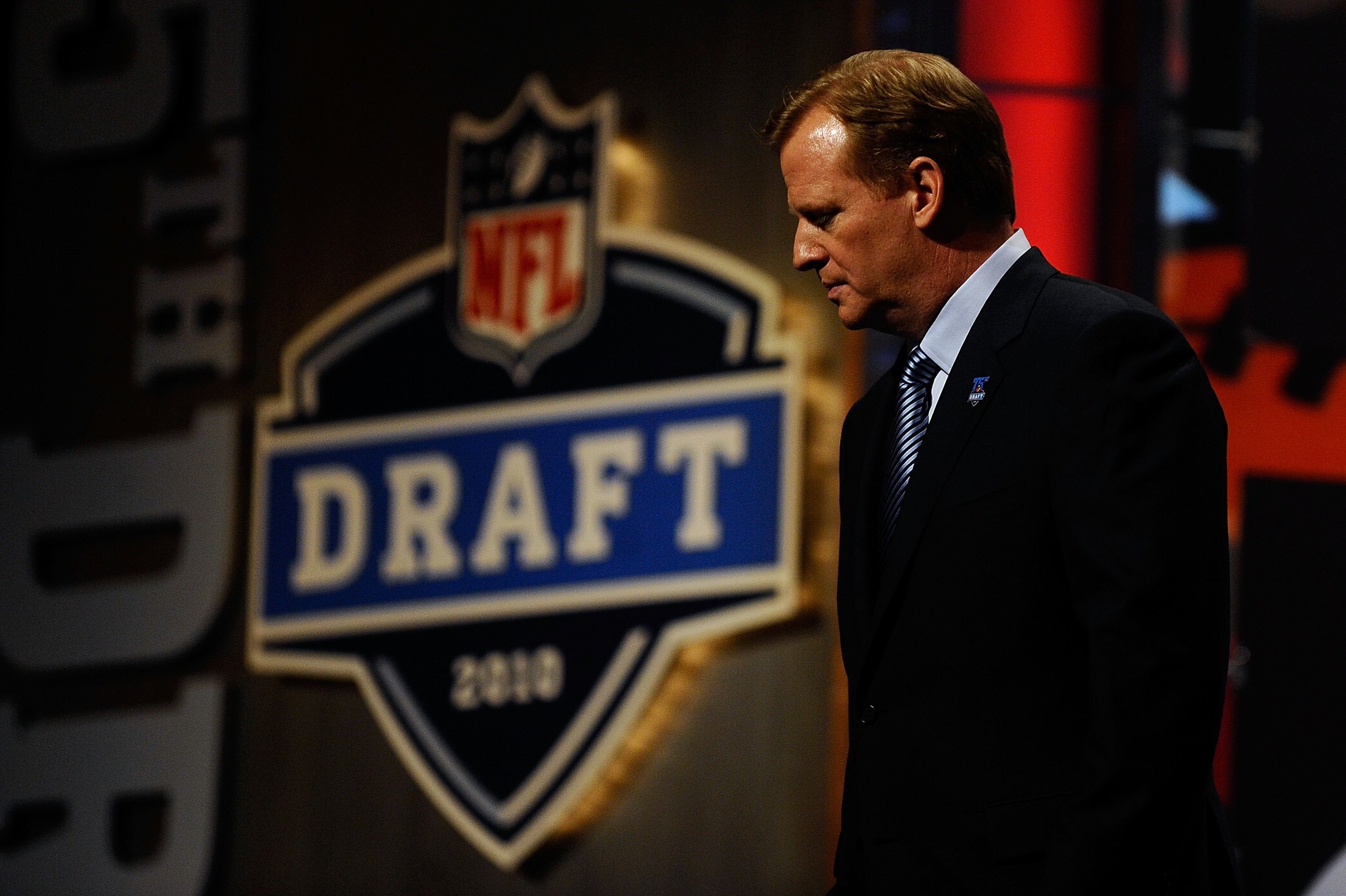 NEW YORK - APRIL 22:  NFL Commissioner Roger Goodell looks on as he stands on stage during the first round of the 2010 NFL Draft at Radio City Music Hall on April 22, 2010 in New York City.  (Photo by Jeff Zelevansky/Getty Images)