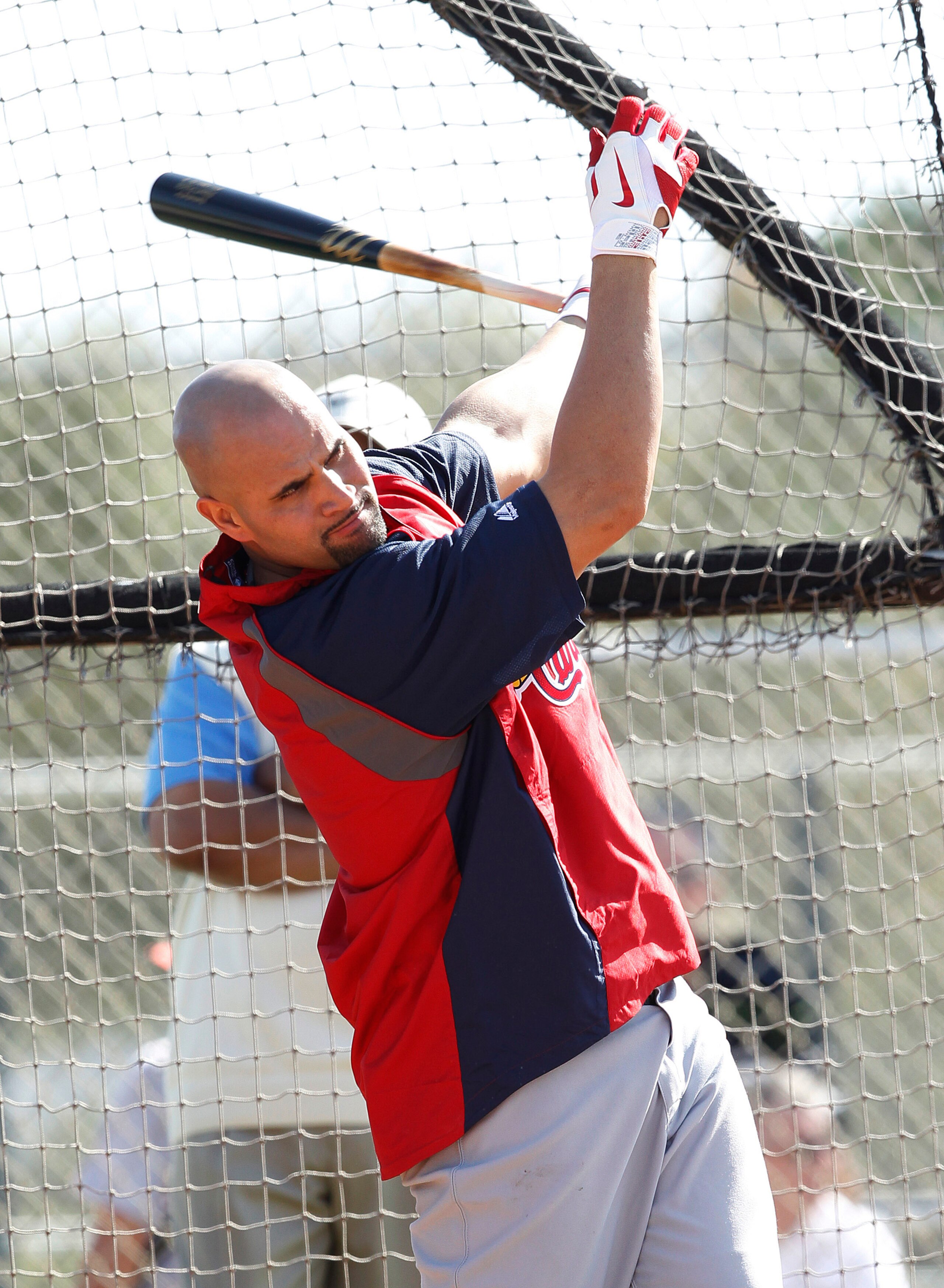 JUPITER, FL - FEBRUARY 17: Albert Pujols #5 of the St. Louis Cardinals hits the ball during batting practice at Roger Dean Stadium on February 17, 2011 in Jupiter, Florida. (Photo by Joel Auerbach/Getty Images)