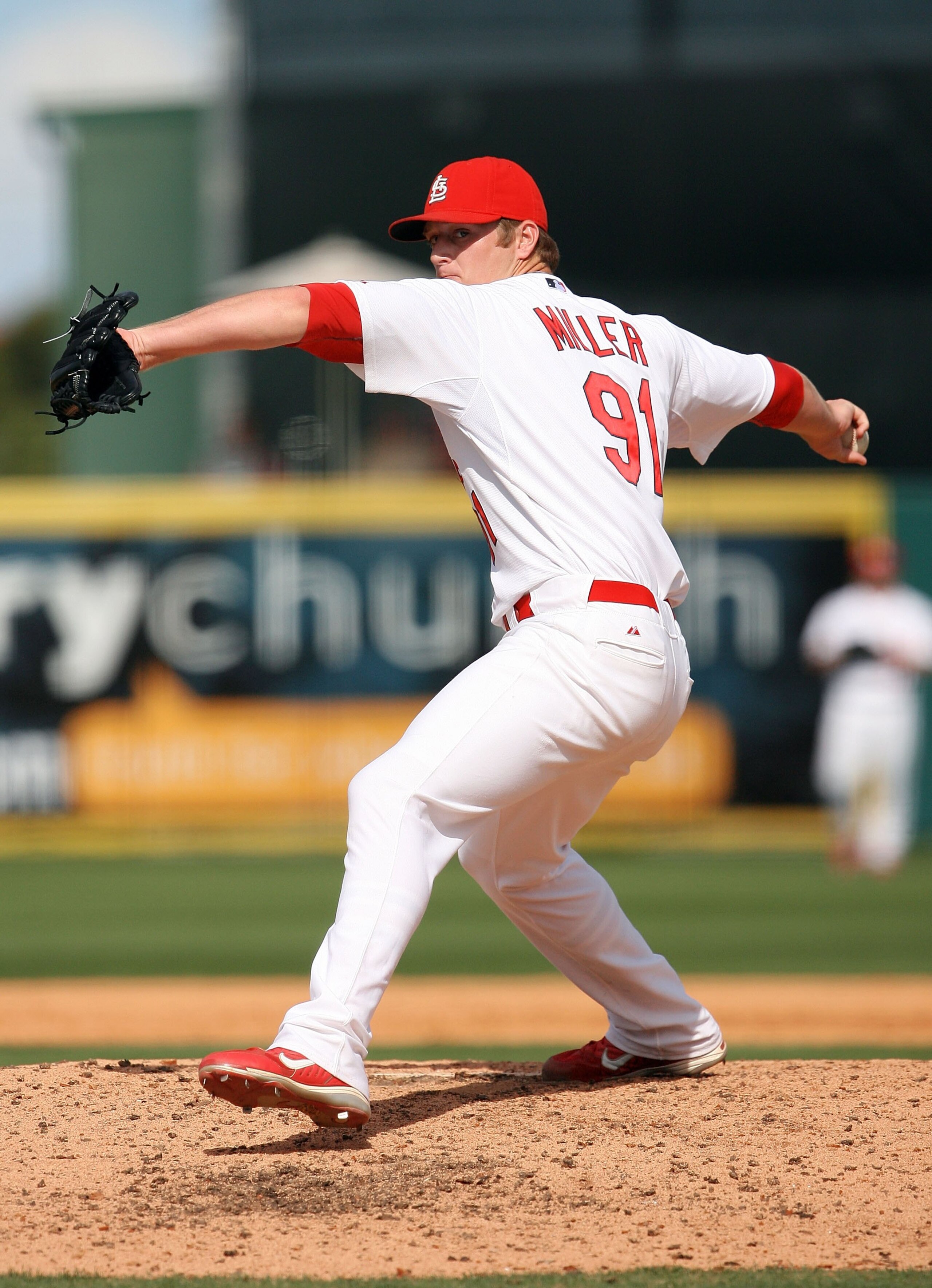 JUPITER, FL - MARCH 10:  Relief pitcher Shelby Miller #91 of the St Louis Cardinals pitches against the Washington Nationals at Roger Dean Stadium on March 10, 2010 in Jupiter, Florida.  (Photo by Doug Benc/Getty Images)