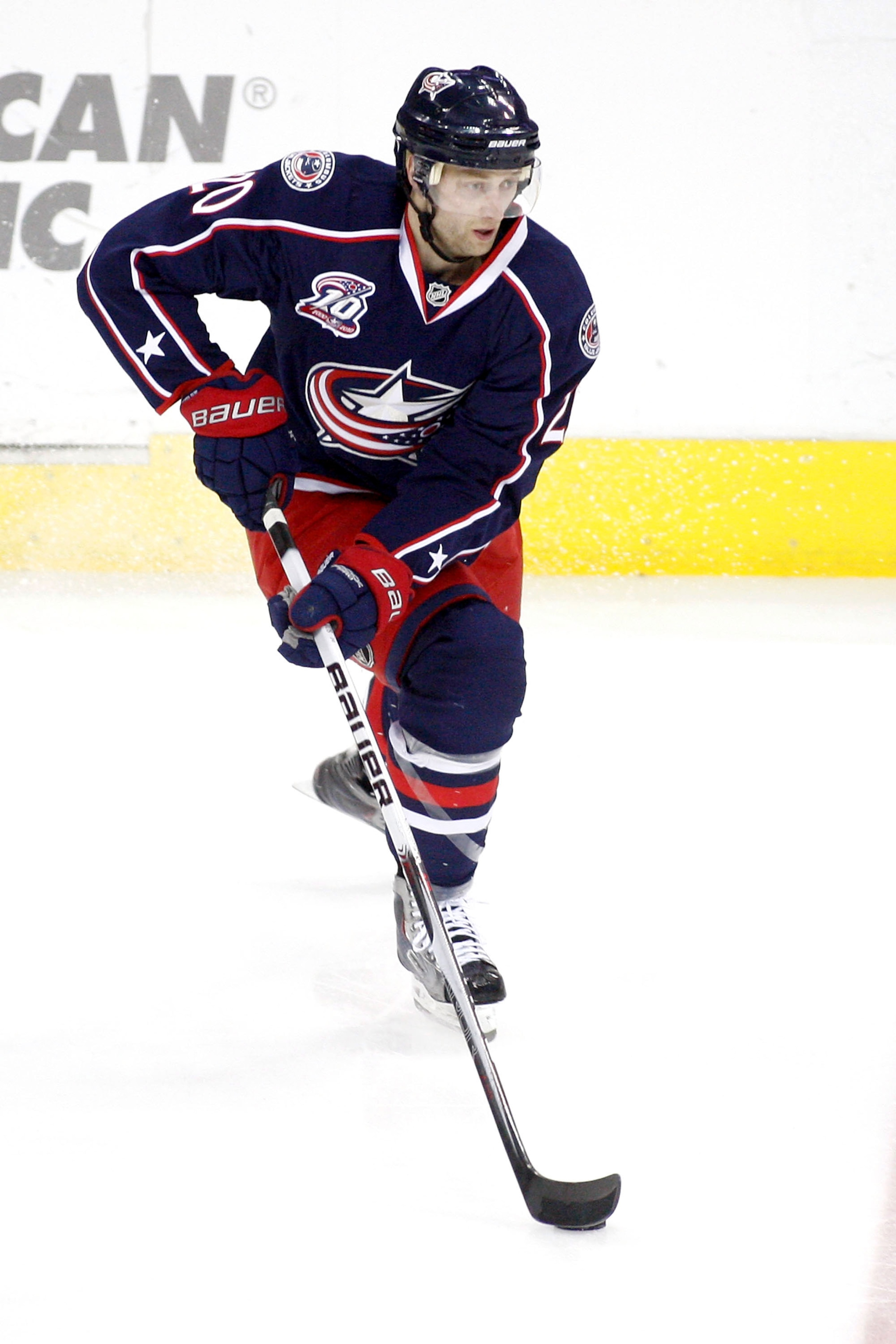 COLUMBUS, OH - FEBRUARY 11:  Kristian Huselius #20 of the Columbus Blue Jackets skates with the puck during a game against the Colorado Avalanche on February 11, 2011 at Nationwide Arena in Columbus, Ohio. Columbus defeated Colorado 3-1. (Photo by John Gr