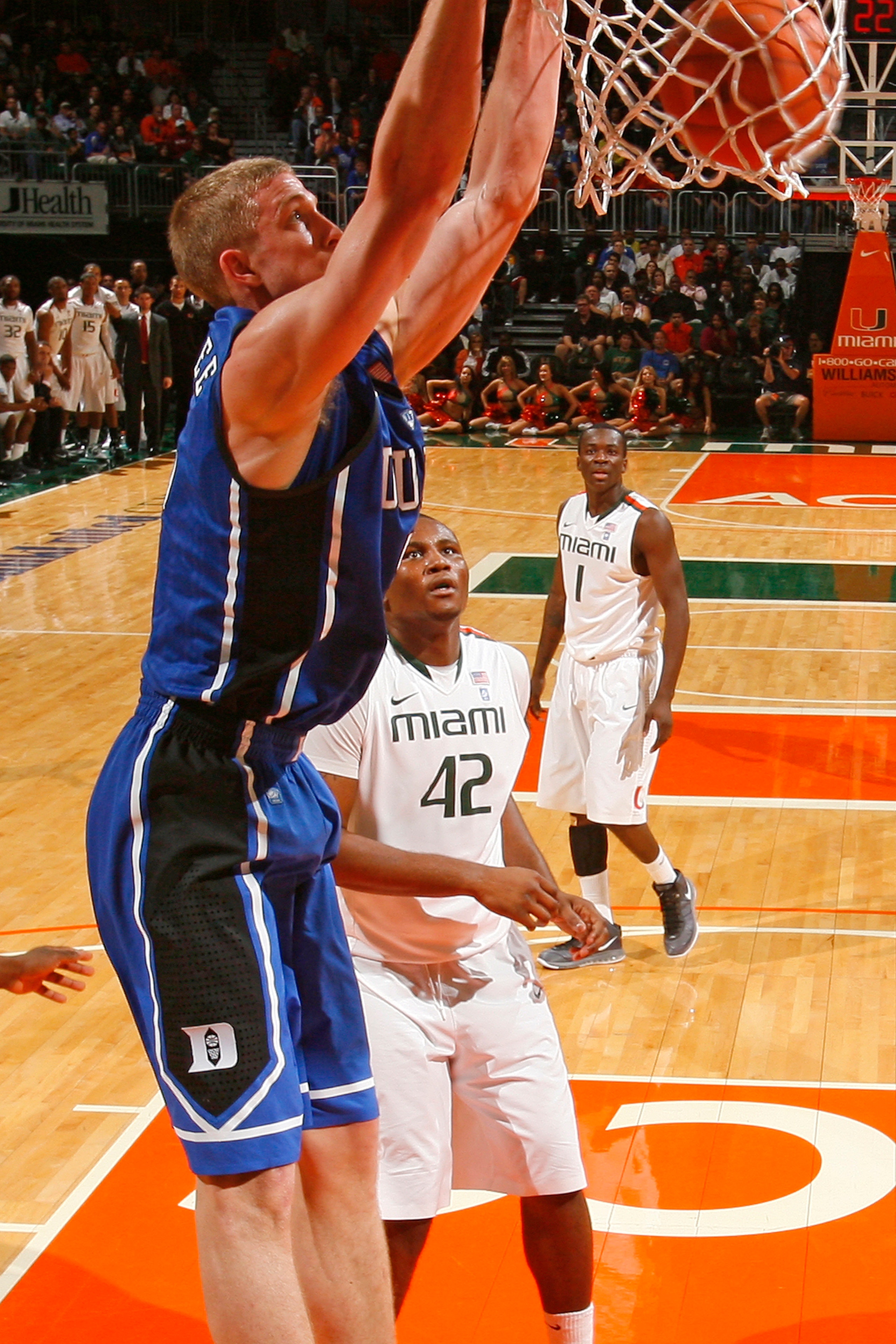 CORAL GABLES, FL - FEBRUARY 13: Mason Plumlee #5 of the Duke Blue Devils dunks the ball against the Miami Hurricanes on February 13, 2011 at the BankUnited Center in Coral Gables, Florida. The Blue Devils defeated the Hurricanes 81-71. (Photo by Joel Auer CORAL GABLES, FL - FEBRUARY 13: Mason Plumlee #5 of the Duke Blue Devils dunks the ball against the Miami Hurricanes on February 13, 2011 at the BankUnited Center in Coral Gables, Florida. The Blue Devils defeated the Hurricanes 81-71. (Photo by Joel Auer