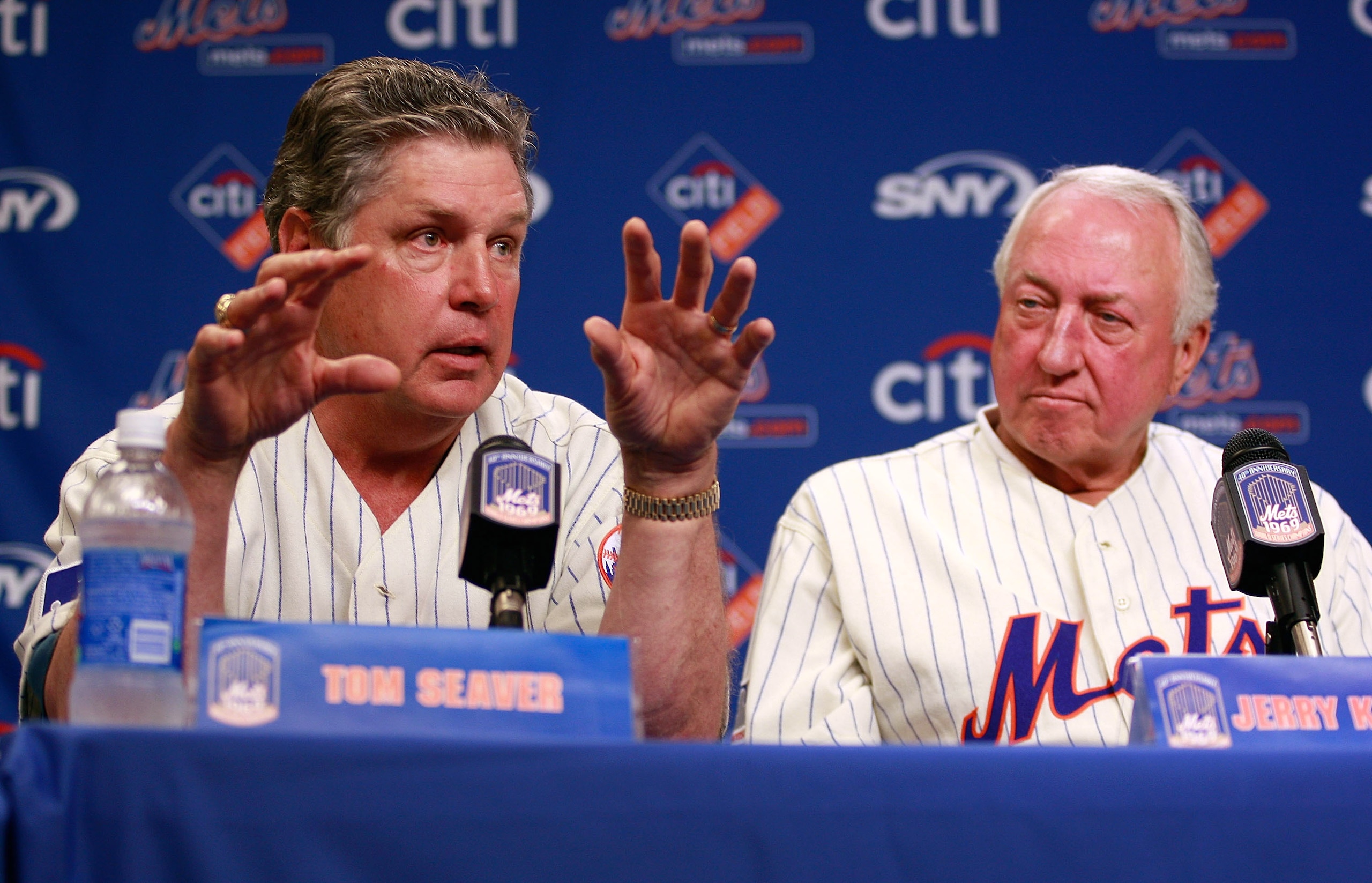 NEW YORK - AUGUST 22: Tom Seaver and Jerry Koosman speak at a press conference commemorating the New York Mets 40th anniversary of the 1969 World Championship team on August 22, 2009 at Citi Field in the Flushing neighborhood of the Queens borough of New NEW YORK - AUGUST 22: Tom Seaver and Jerry Koosman speak at a press conference commemorating the New York Mets 40th anniversary of the 1969 World Championship team on August 22, 2009 at Citi Field in the Flushing neighborhood of the Queens borough of New