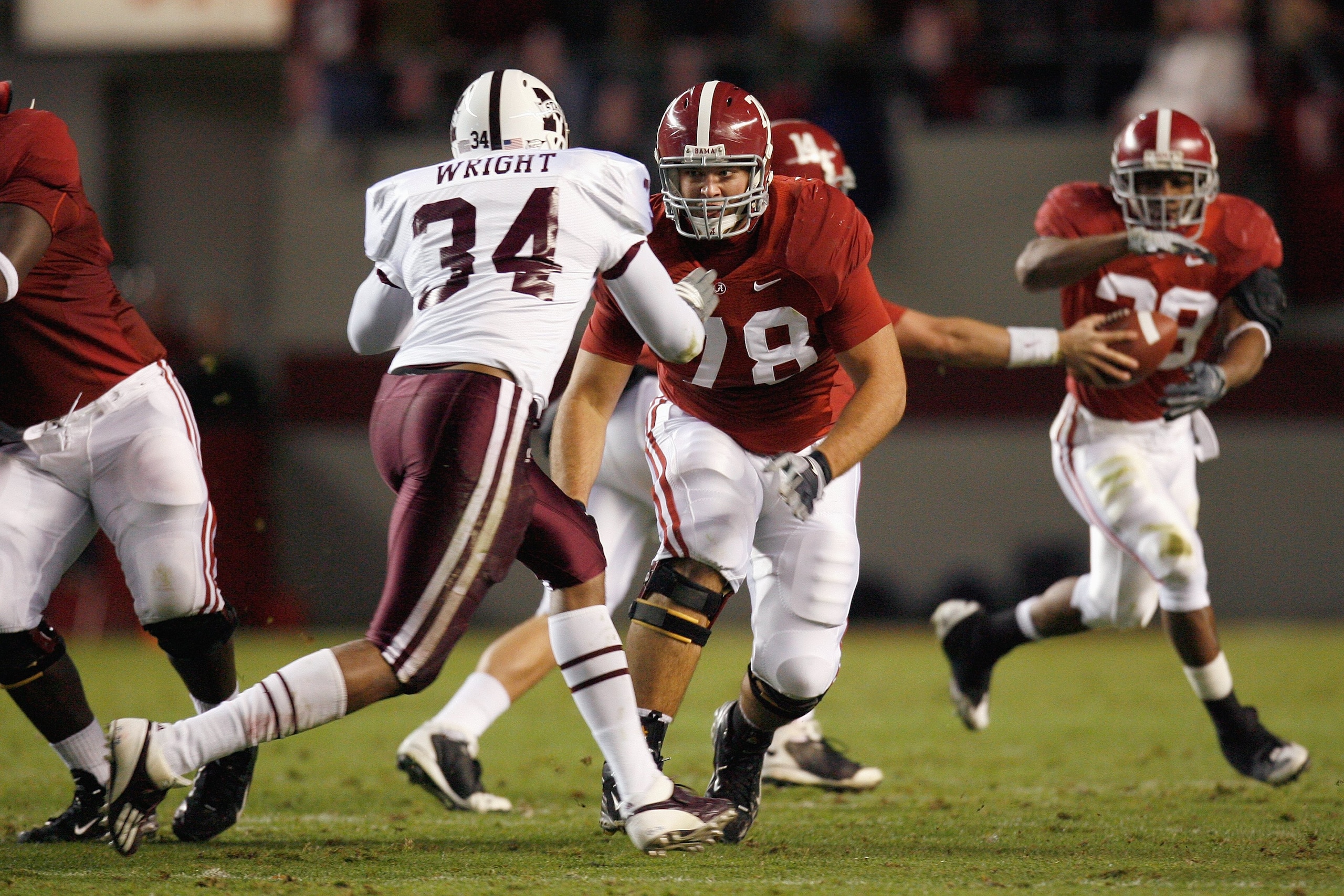 TUSCALOOSA, AL - NOVEMBER 15:  # of the Alabama Crimson Tide # of the Mississippi State Bulldogs during the game at Bryant-Denny Stadium on November 15, 2008 in Tuscaloosa, Alabama.  (Photo by Kevin C. Cox/Getty Images)