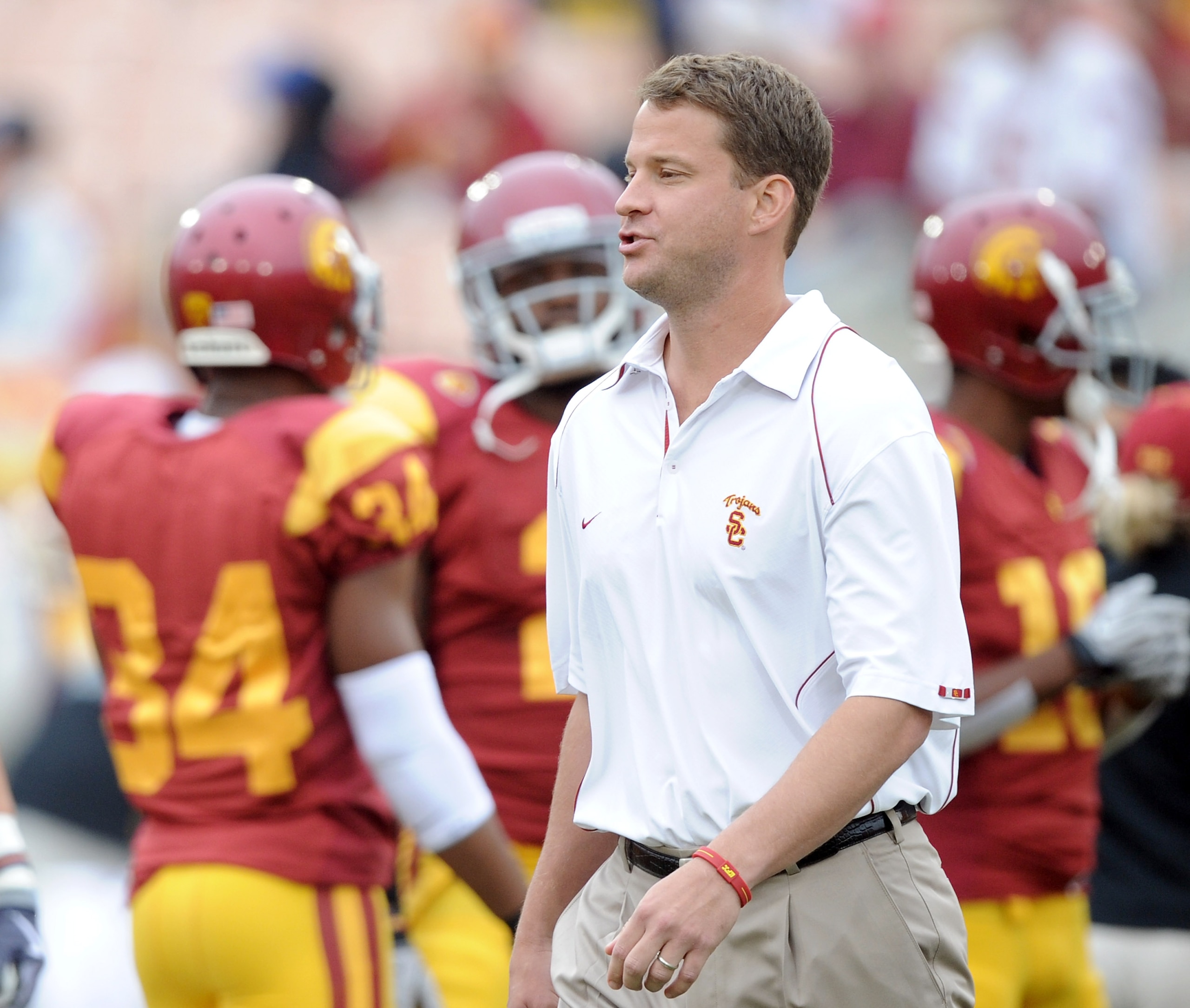 LOS ANGELES, CA - OCTOBER 16: Head Coach Lane Kiffin of the USC Trojans during warm up against the California Golden Bears at Los Angeles Memorial Coliseum on October 16, 2010 in Los Angeles, California. (Photo by Harry How/Getty Images) LOS ANGELES, CA - OCTOBER 16: Head Coach Lane Kiffin of the USC Trojans during warm up against the California Golden Bears at Los Angeles Memorial Coliseum on October 16, 2010 in Los Angeles, California. (Photo by Harry How/Getty Images)