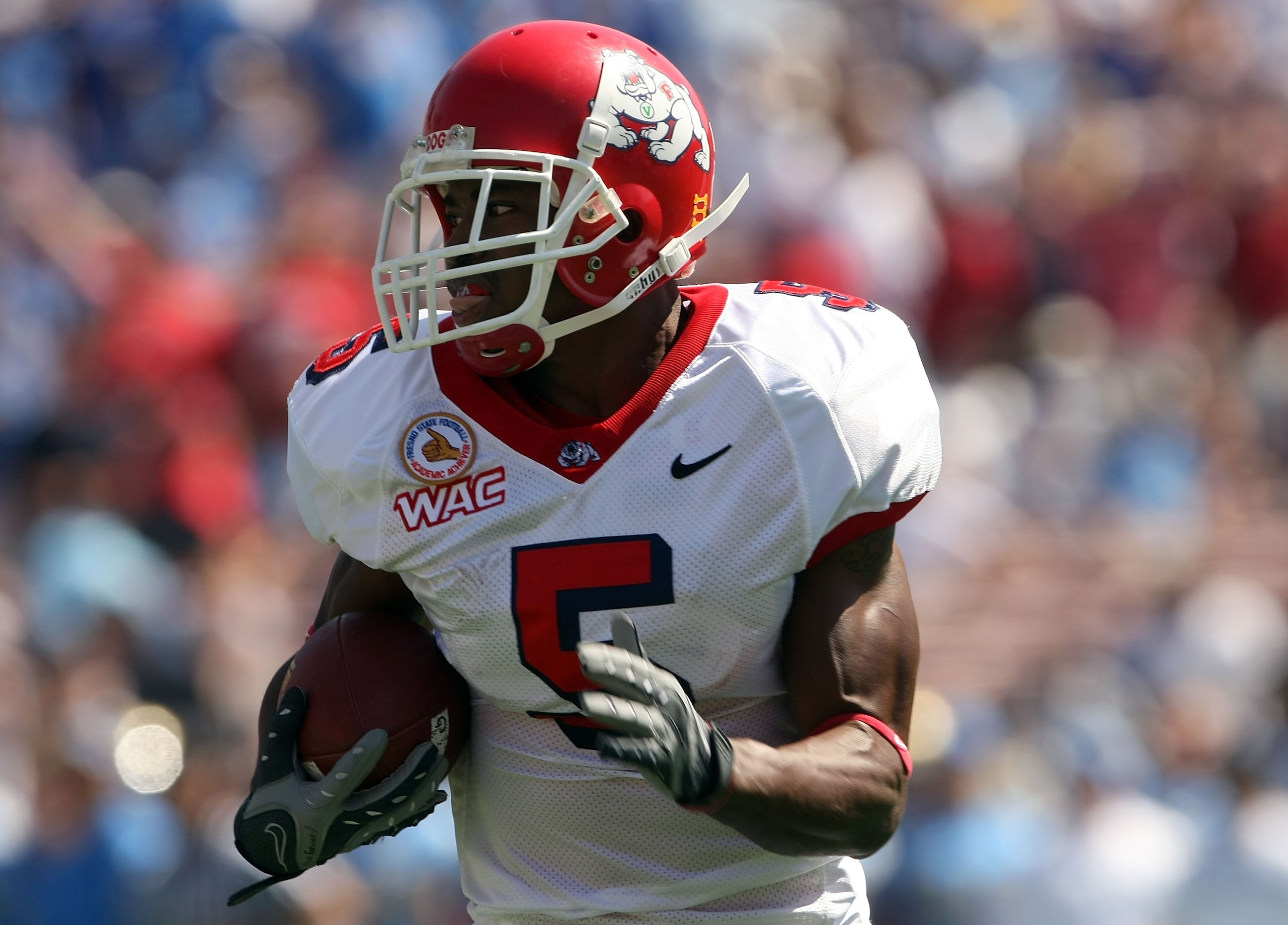 PASADENA, CA - SEPTEMBER 27: Marlon Moore #5 of the Frenso State Bulldogs returns a punt for a touchdown in the first quarter against the UCLA Bruins on September 27, 2008 at the Rose Bowl in Pasadena, California. (Photo by Stephen Dunn/Getty Images) PASADENA, CA - SEPTEMBER 27: Marlon Moore #5 of the Frenso State Bulldogs returns a punt for a touchdown in the first quarter against the UCLA Bruins on September 27, 2008 at the Rose Bowl in Pasadena, California. (Photo by Stephen Dunn/Getty Images)