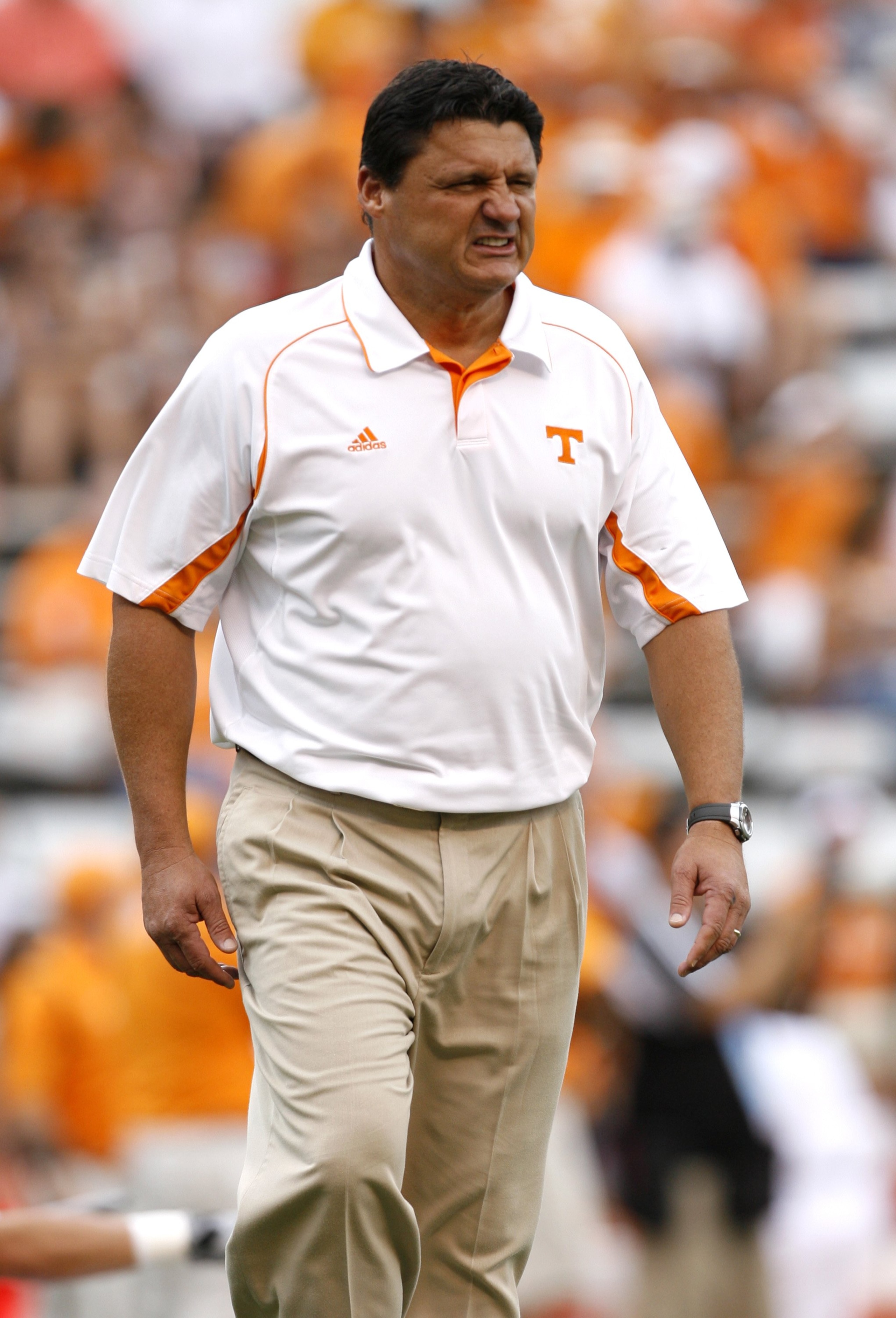KNOXVILLE, TN - SEPTEMBER 12: Ed Orgeron, assistant head coach of the Tennessee Volunteers during warmups against the UCLA Bruins on September 12, 2009 at Neyland Stadium in Knoxville, Tennessee. UCLA beat Tennessee 19-15. (Photo by Joe Murphy/Getty Image KNOXVILLE, TN - SEPTEMBER 12: Ed Orgeron, assistant head coach of the Tennessee Volunteers during warmups against the UCLA Bruins on September 12, 2009 at Neyland Stadium in Knoxville, Tennessee. UCLA beat Tennessee 19-15. (Photo by Joe Murphy/Getty Image