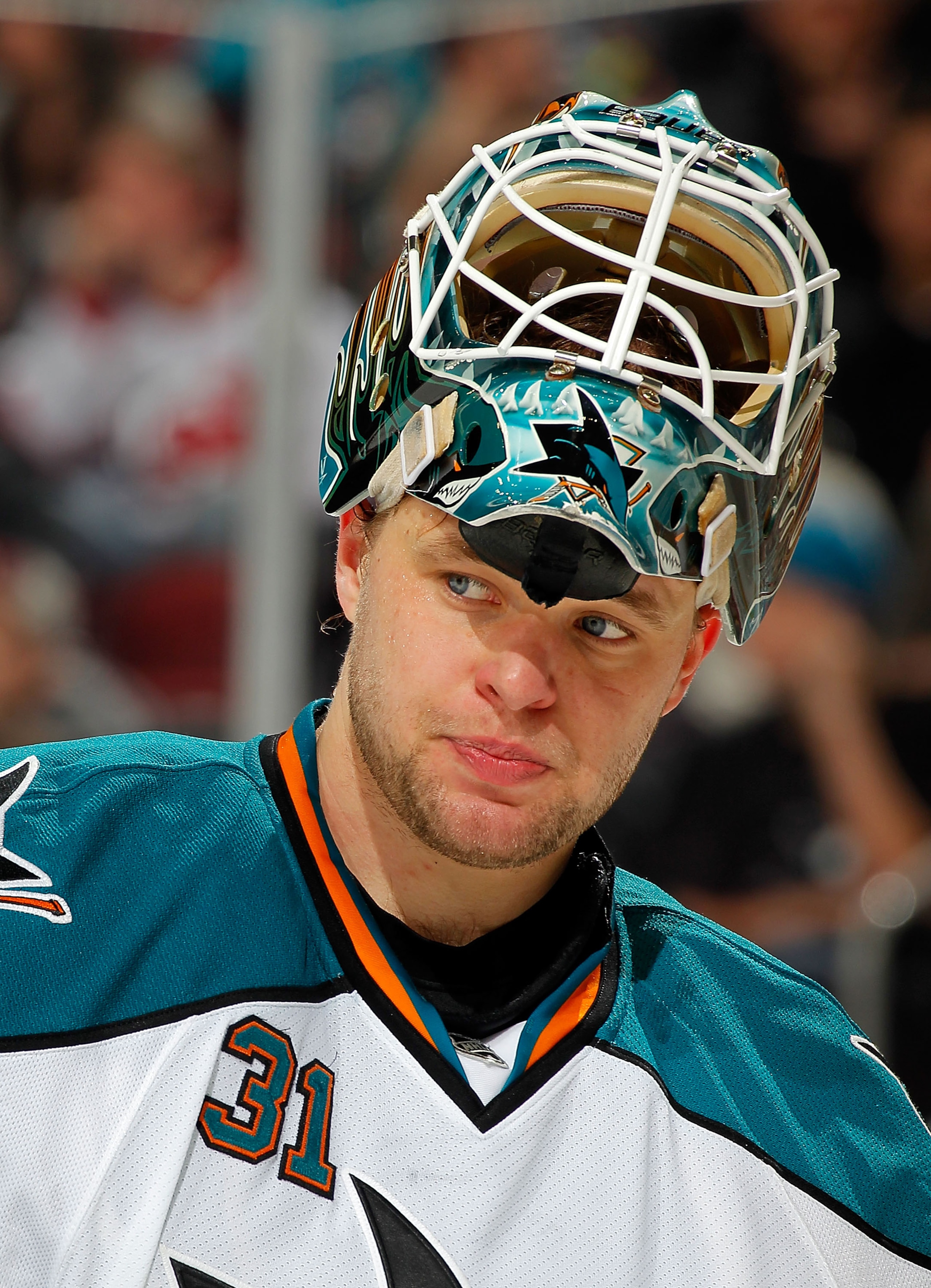 NEWARK, NJ - FEBRUARY 11: Goalie Antti Niemi #31 of the San Jose Sharks skates around during a timeout in an NHL hockey game against the New Jersey Devils on February 11, 2011 at the Prudential Center in Newark, New Jersey. (Photo by Paul Bereswill/Getty