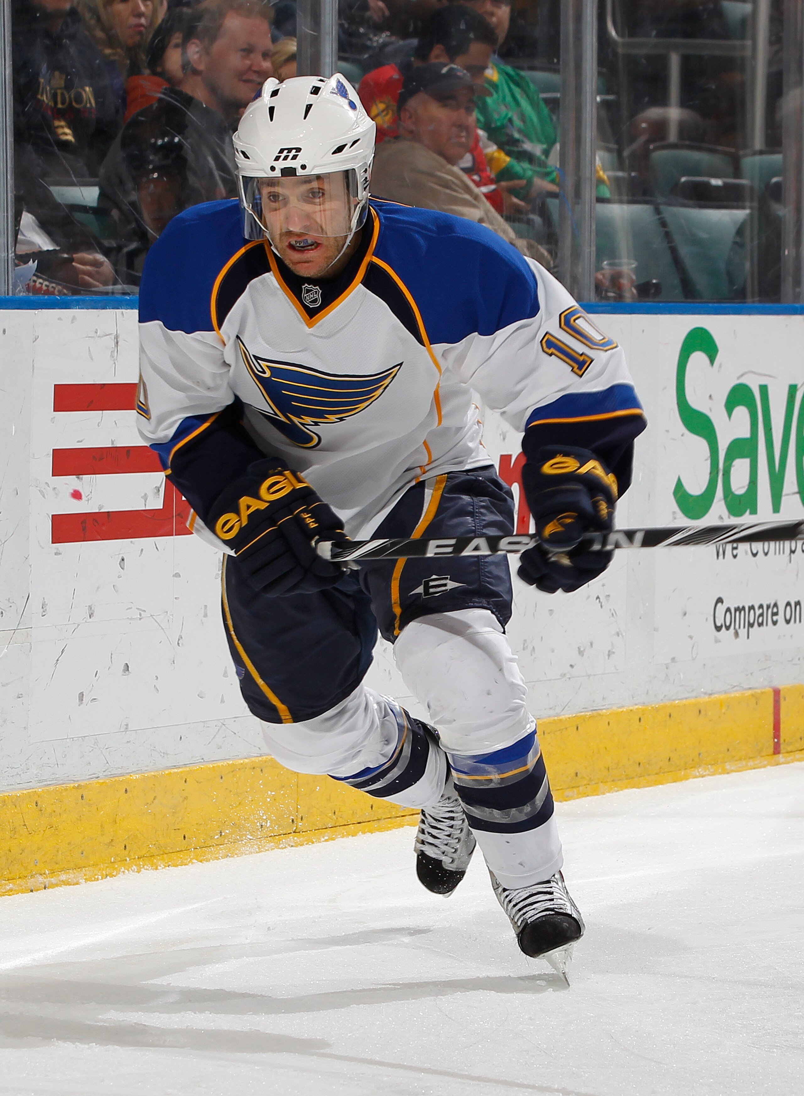 SUNRISE, FL - FEBRUARY 8: Andy McDonald #10 of the St. Louis Blues skates after the puck against the Florida Panthers on February 8, 2011 at the BankAtlantic Center in Sunrise, Florida. The Blues defeated the Panthers 2-1. (Photo by Joel Auerbach/Getty Im