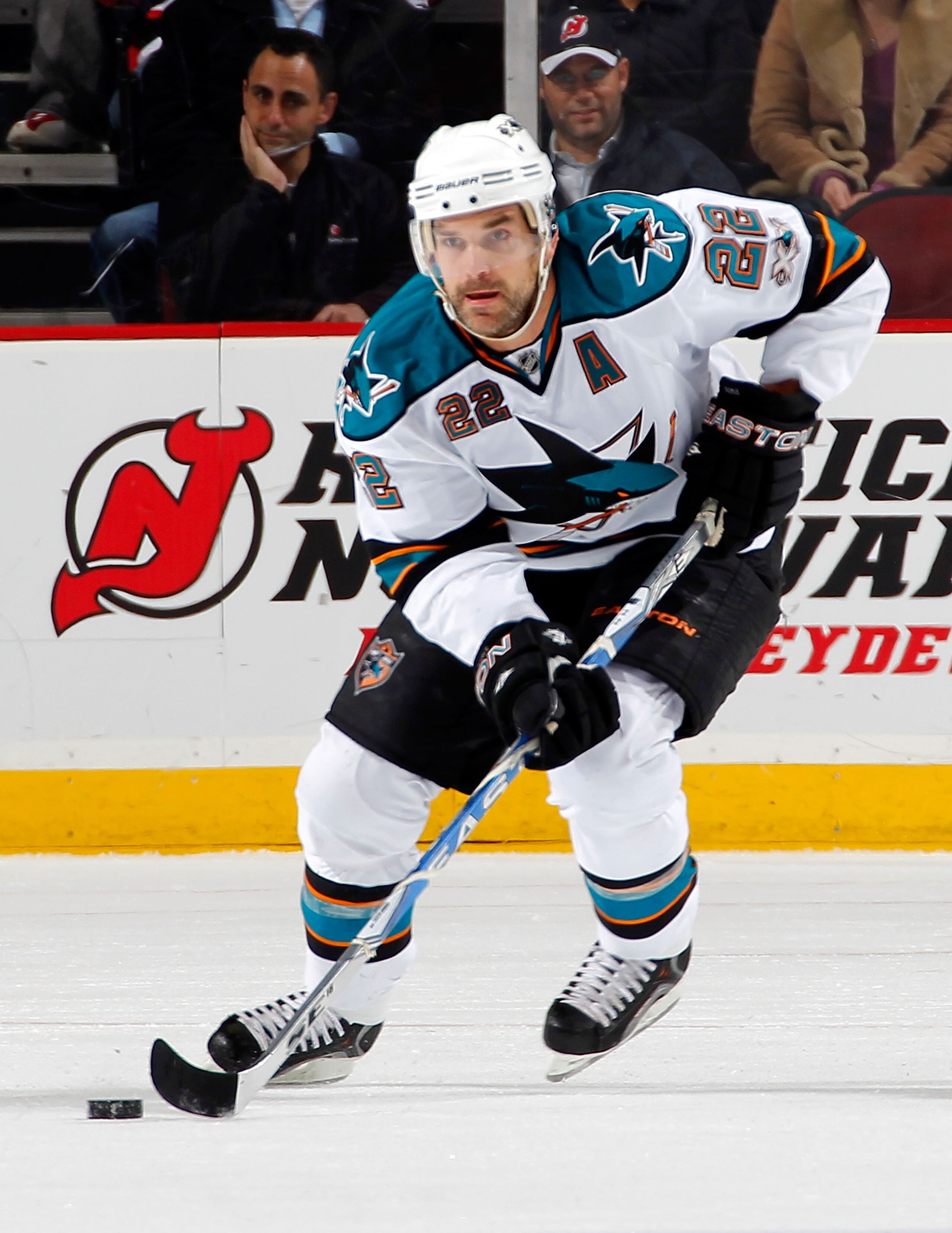 NEWARK, NJ - FEBRUARY 11: Dan Boyle #22 of the San Jose Sharks skates during an NHL hockey game against the New Jersey Devils on February 11, 2011 at the Prudential Center in Newark, New Jersey. (Photo by Paul Bereswill/Getty Images)