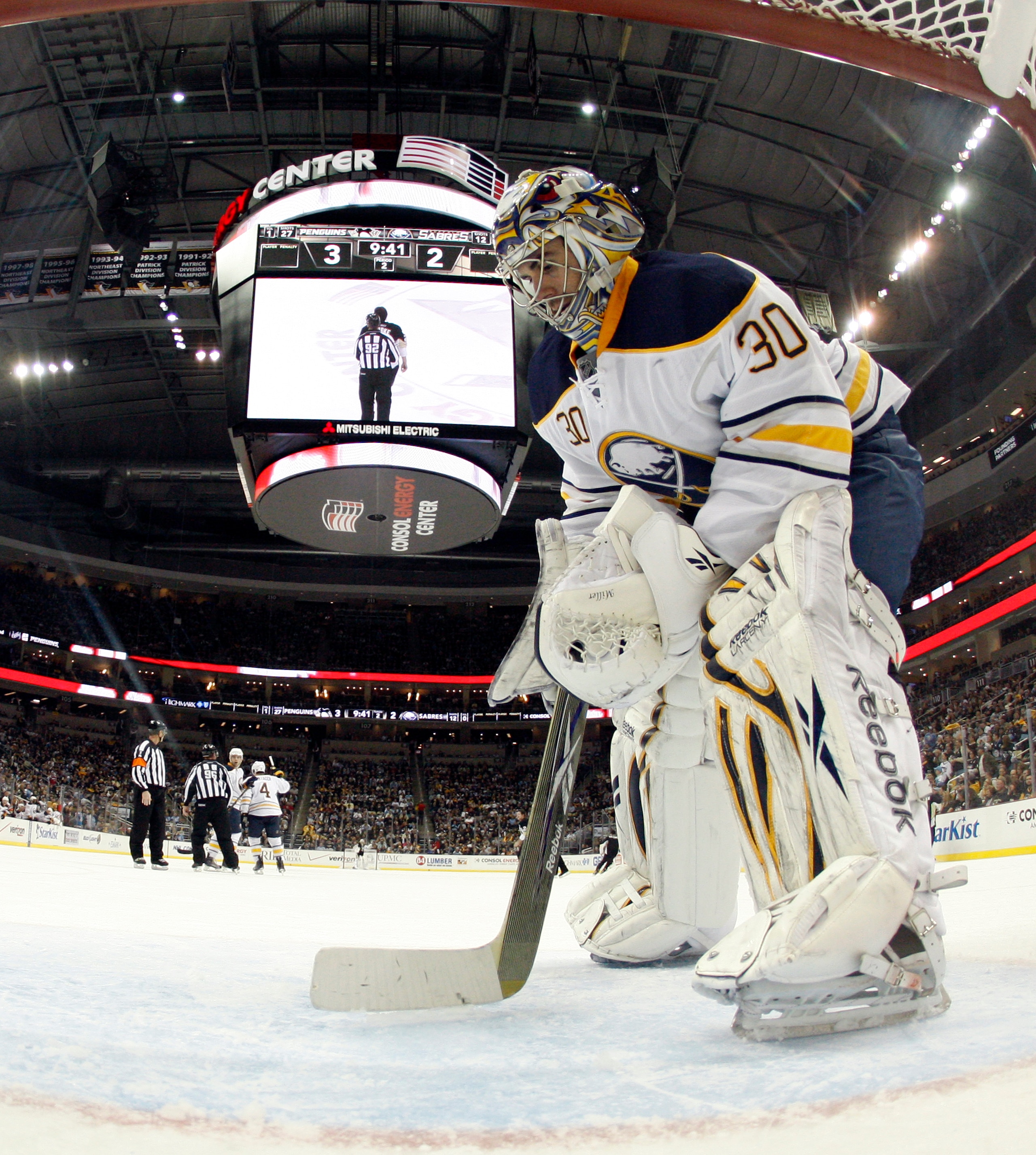 PITTSBURGH, PA - FEBRUARY 04:  Ryan Miller #30 of the Buffalo Sabres defends the net against the Pittsburgh Penguins at Consol Energy Center on February 4, 2011 in Pittsburgh, Pennsylvania.  The Penguins defeated Buffalo 3-2.  (Photo by Justin K. Aller/Ge