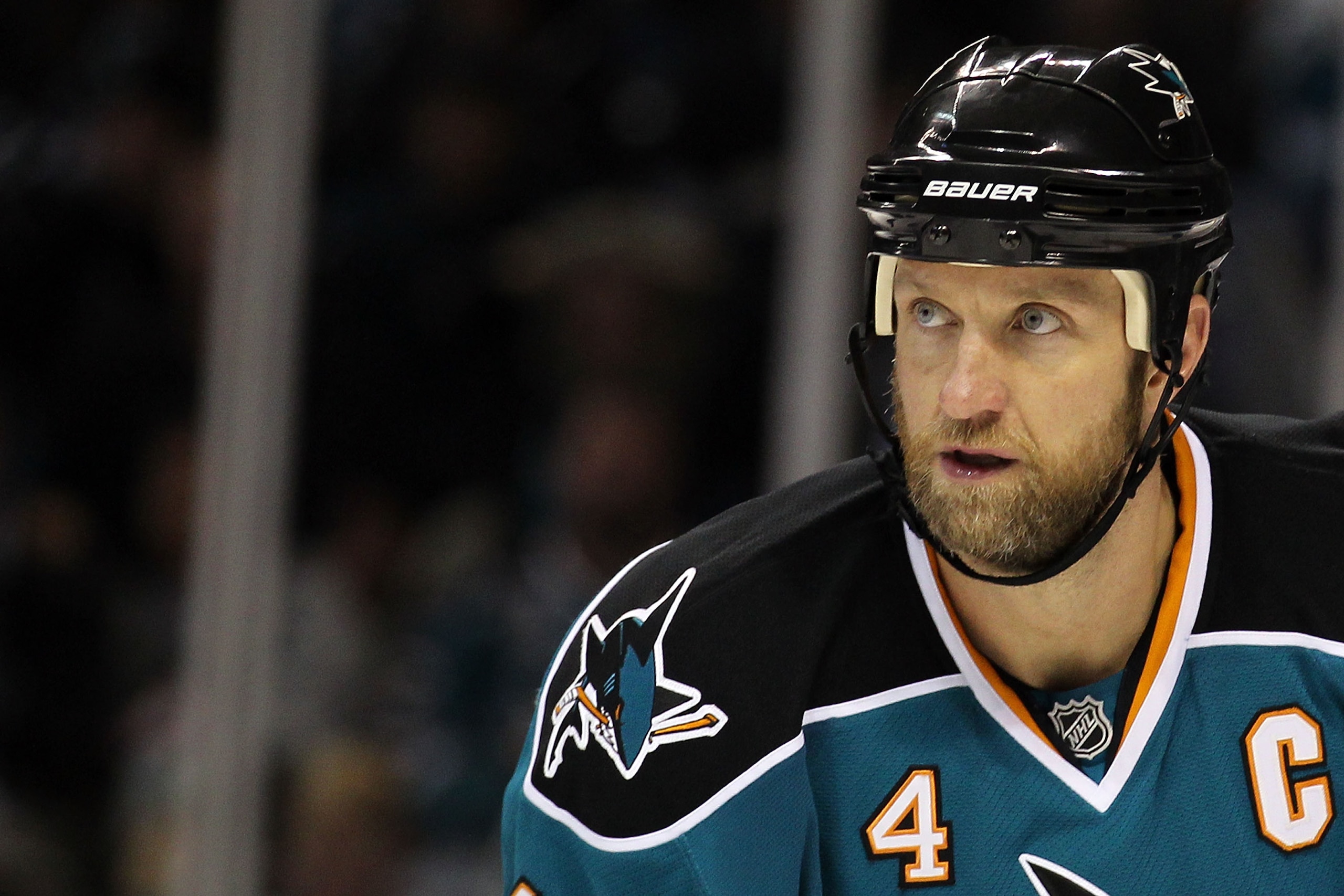 SAN JOSE, CA - MAY 18:  Rob Blake #4 of the San Jose Sharks looks on in the second period while taking on the Chicago Blackhawks in Game Two of the Western Conference Finals during the 2010 NHL Stanley Cup Playoffs at HP Pavilion on May 18, 2010 in San Jo