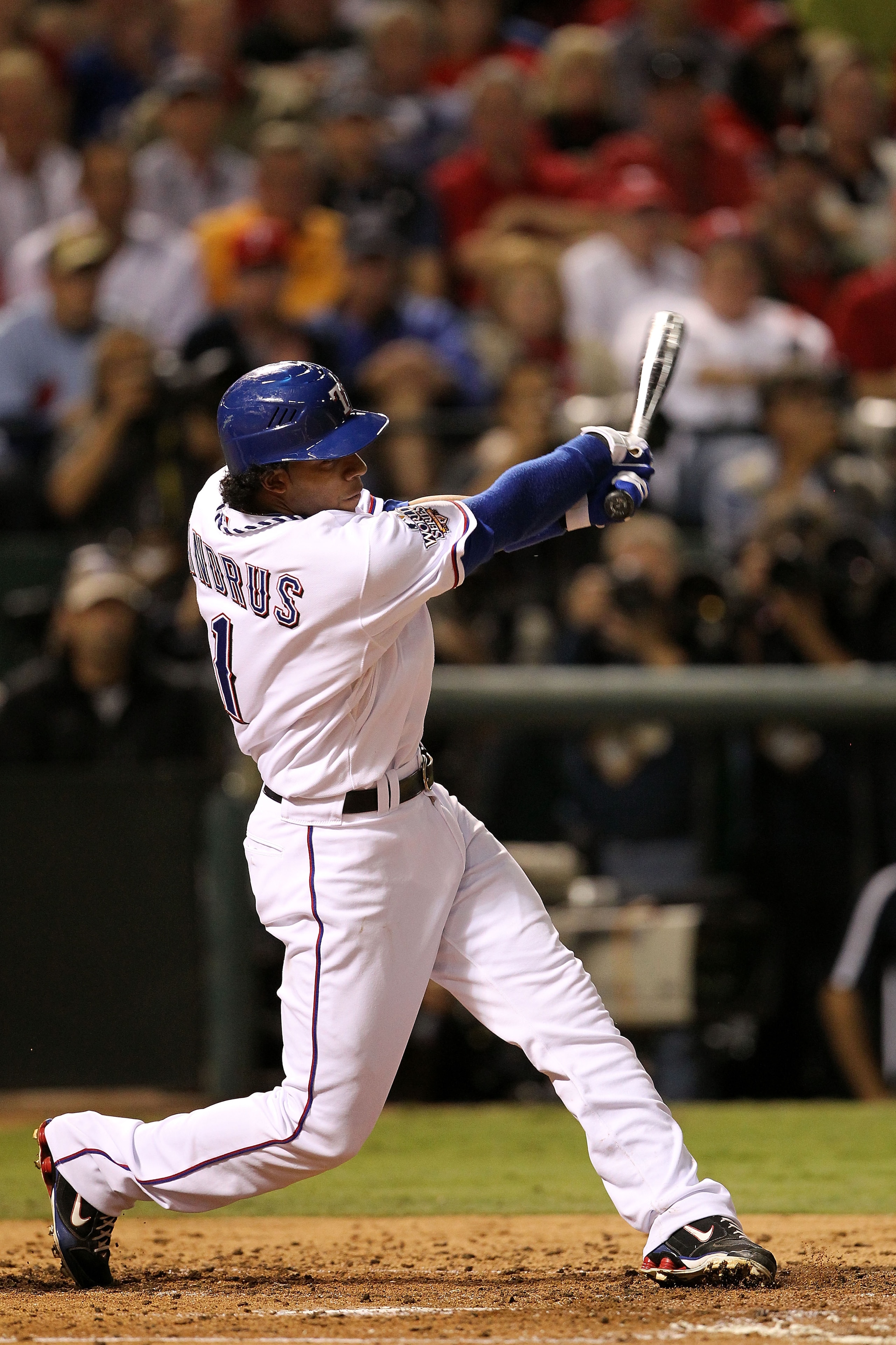 ARLINGTON, TX - NOVEMBER 01: Elvis Andrus #1 of the Texas Rangers bats against the San Francisco Giants in Game Five of the 2010 MLB World Series at Rangers Ballpark in Arlington on November 1, 2010 in Arlington, Texas. The Giants won 3-1. (Photo by Ron ARLINGTON, TX - NOVEMBER 01: Elvis Andrus #1 of the Texas Rangers bats against the San Francisco Giants in Game Five of the 2010 MLB World Series at Rangers Ballpark in Arlington on November 1, 2010 in Arlington, Texas. The Giants won 3-1. (Photo by Ron