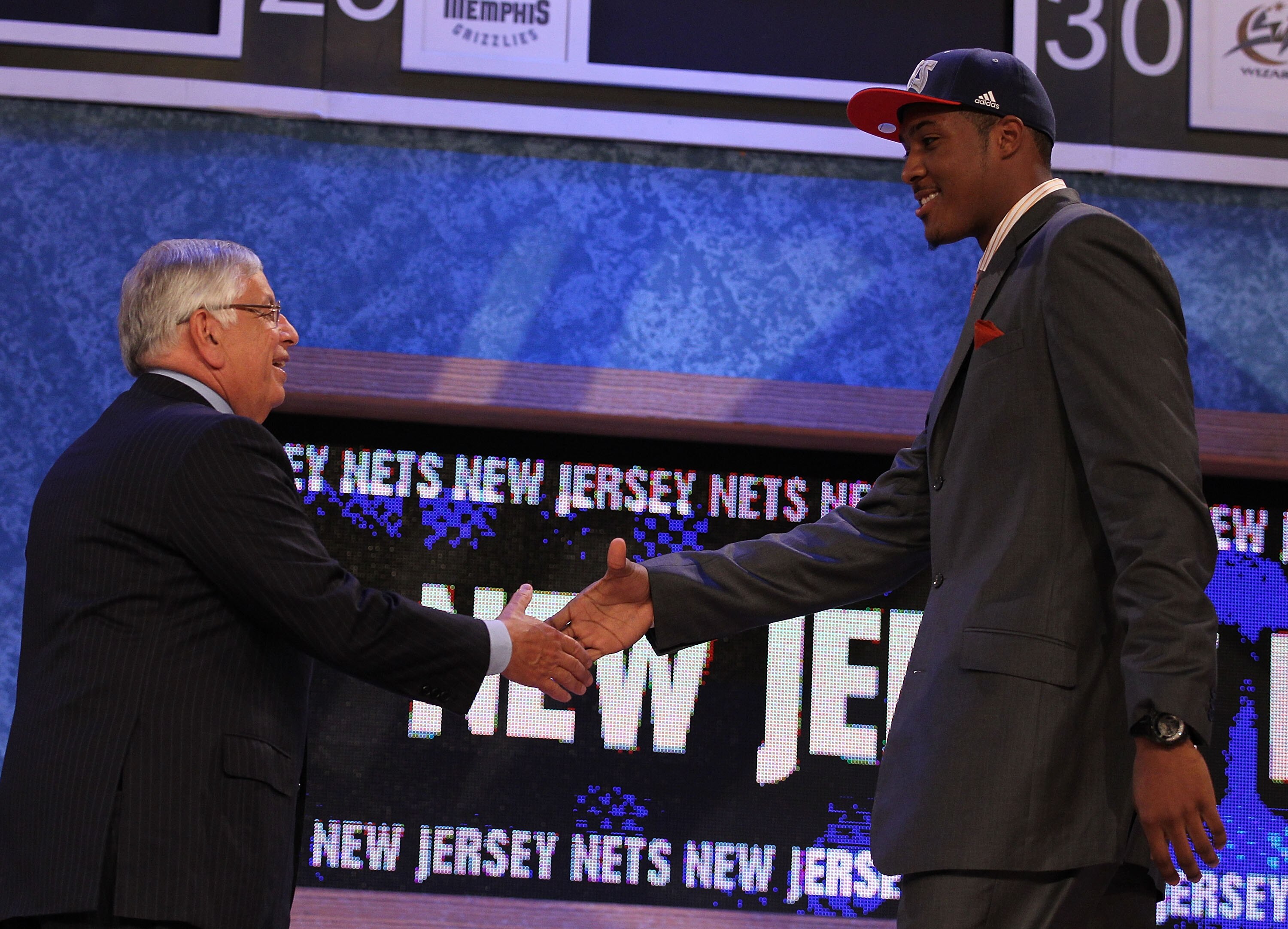 NEW YORK - JUNE 24:  Derrick Favors of Georgia State stands with NBA Commisioner David Stern after being drafted by the New Jersey Nets at Madison Square Garden on June 24, 2010 in New York City.  NOTE TO USER: User expressly acknowledges and agrees that,