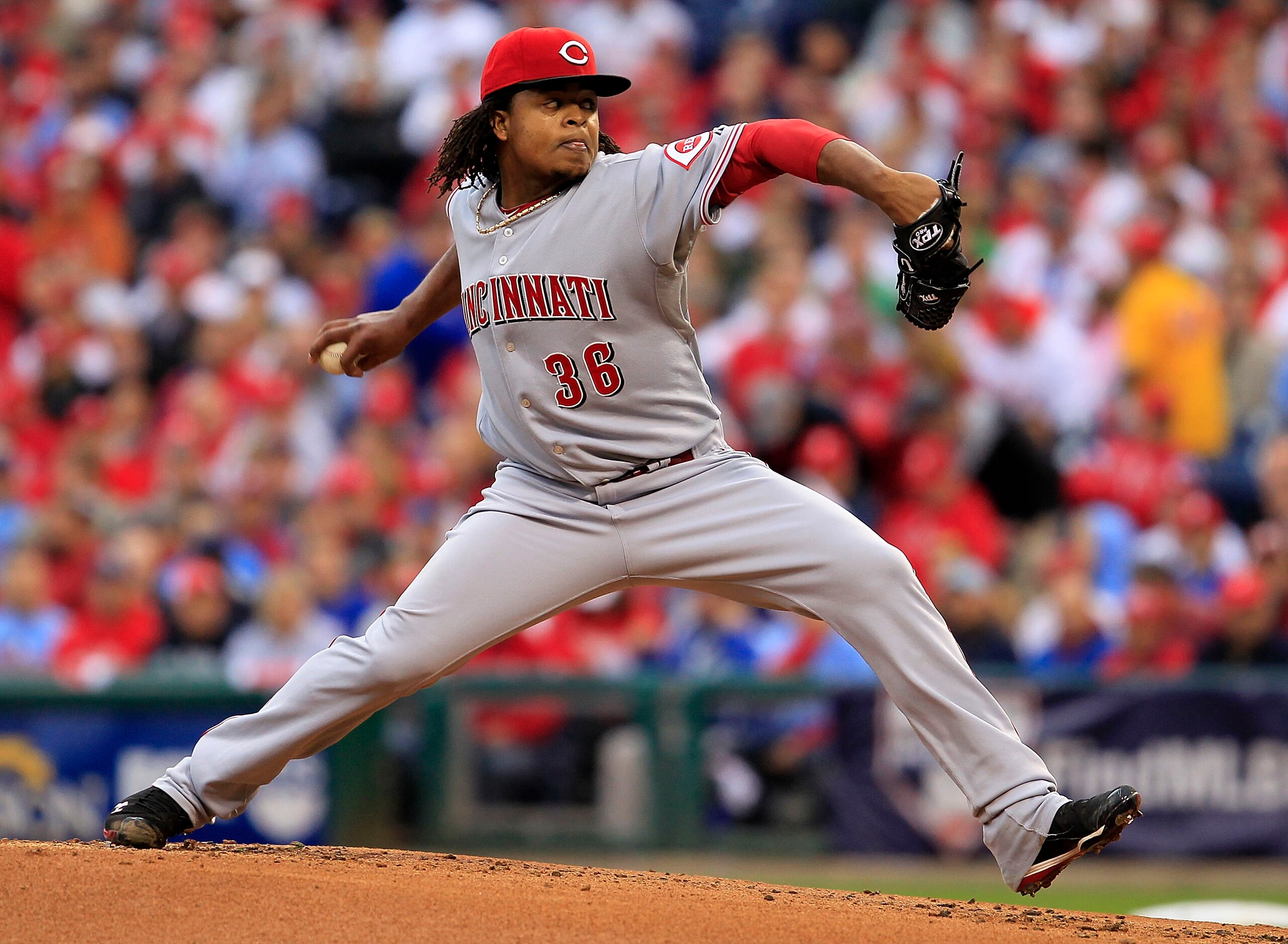 PHILADELPHIA - OCTOBER 06:  Edinson Volquez #36 of the Cincinnati Reds delivers in Game 1 of the NLDS against the Philadelphia Phillies at Citizens Bank Park on October 6, 2010 in Philadelphia, Pennsylvania.  (Photo by Chris Trotman/Getty Images)