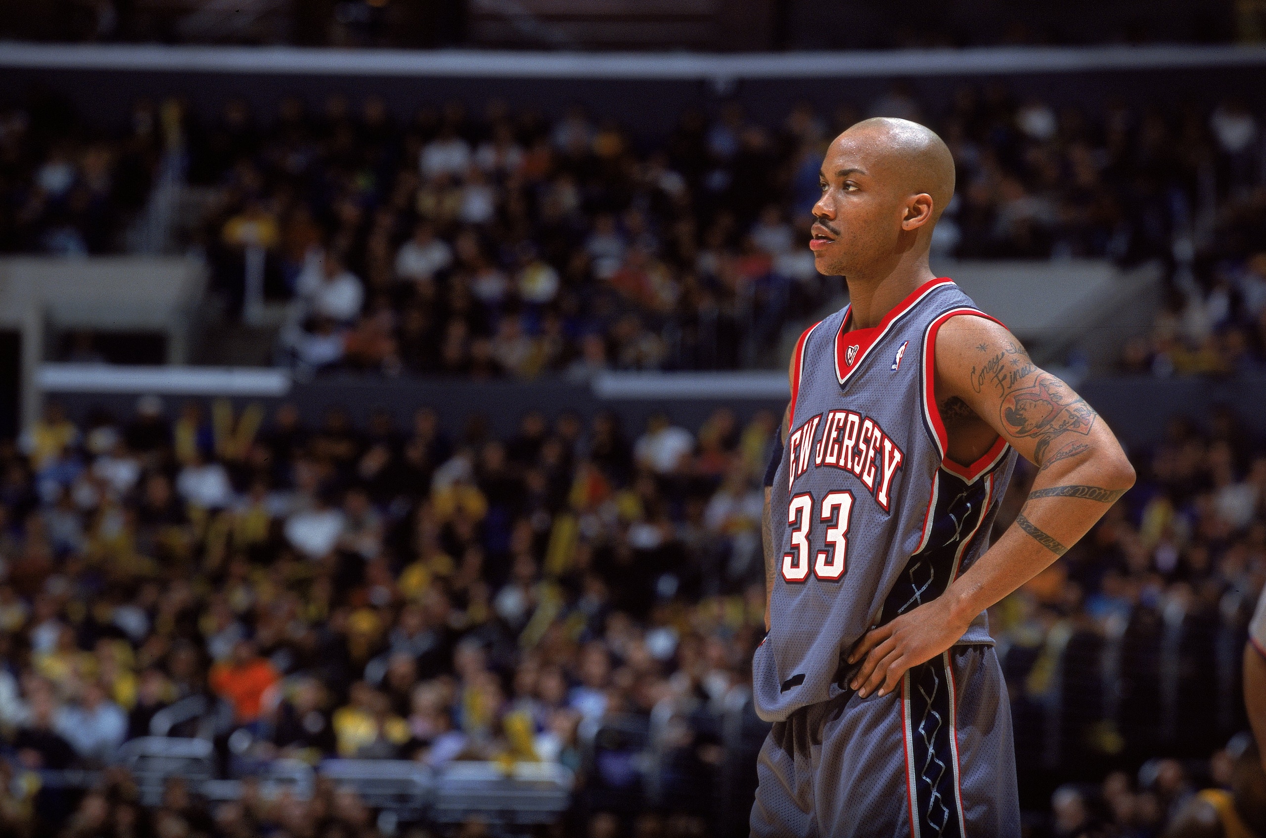 27 Jan 2001:  Stephon Marbury #33 of the New Jersey Nets looks on during the game against the Los Angeles Lakers at the STAPLES Center in Los Angeles, California.  The Lakers defeated the Nets 113-101.  NOTE TO USER: It is expressly understood that the on