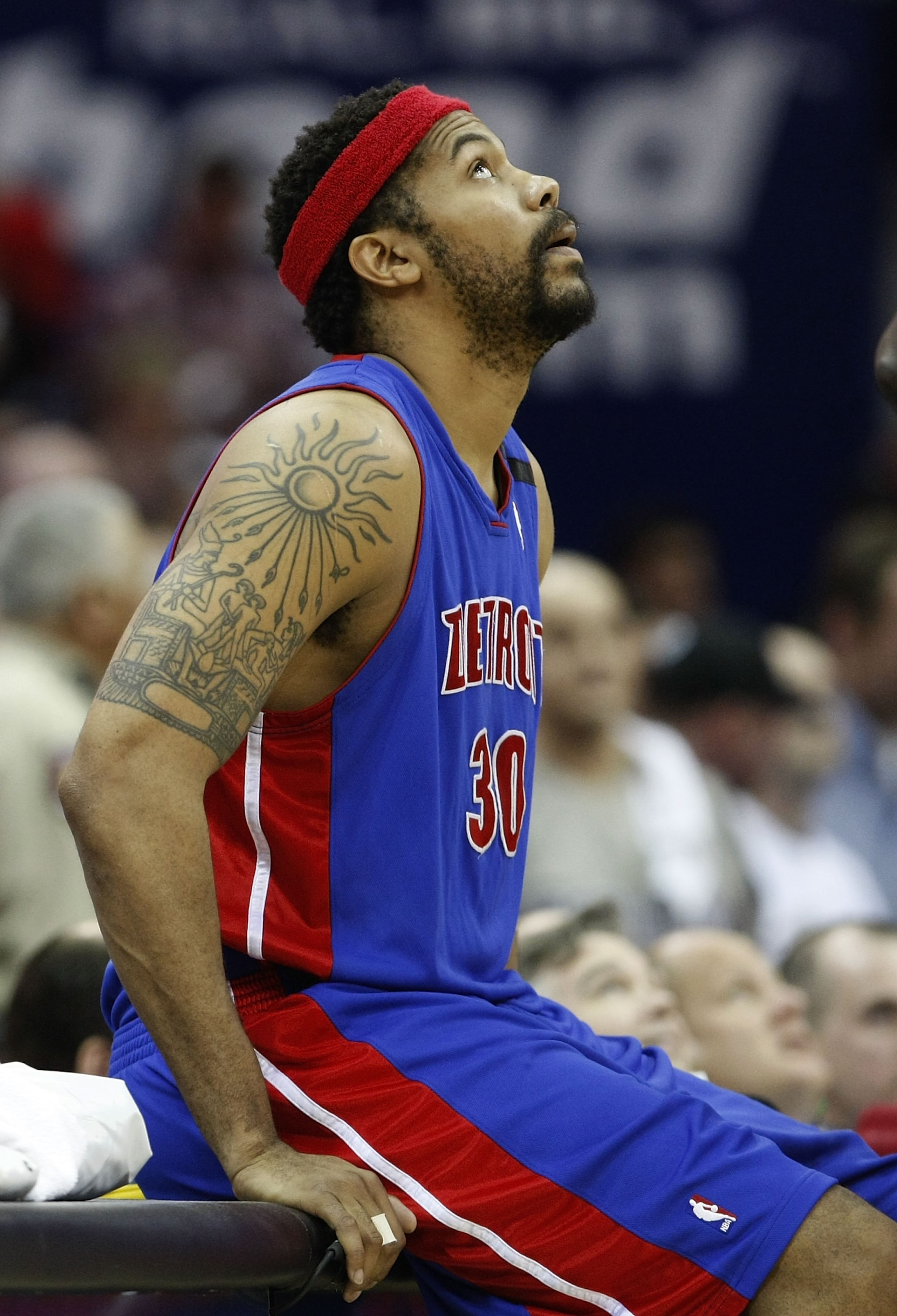 CLEVELAND - APRIL 21: Rasheed Wallace #30 of the Detroit Pistons sits on the scorers bench during a time-out while playing the Cleveland Cavaliers in Game Two of the Eastern Conference Quarterfinals during the 2009 NBA Playoffs at Quicken Loans Arena on A