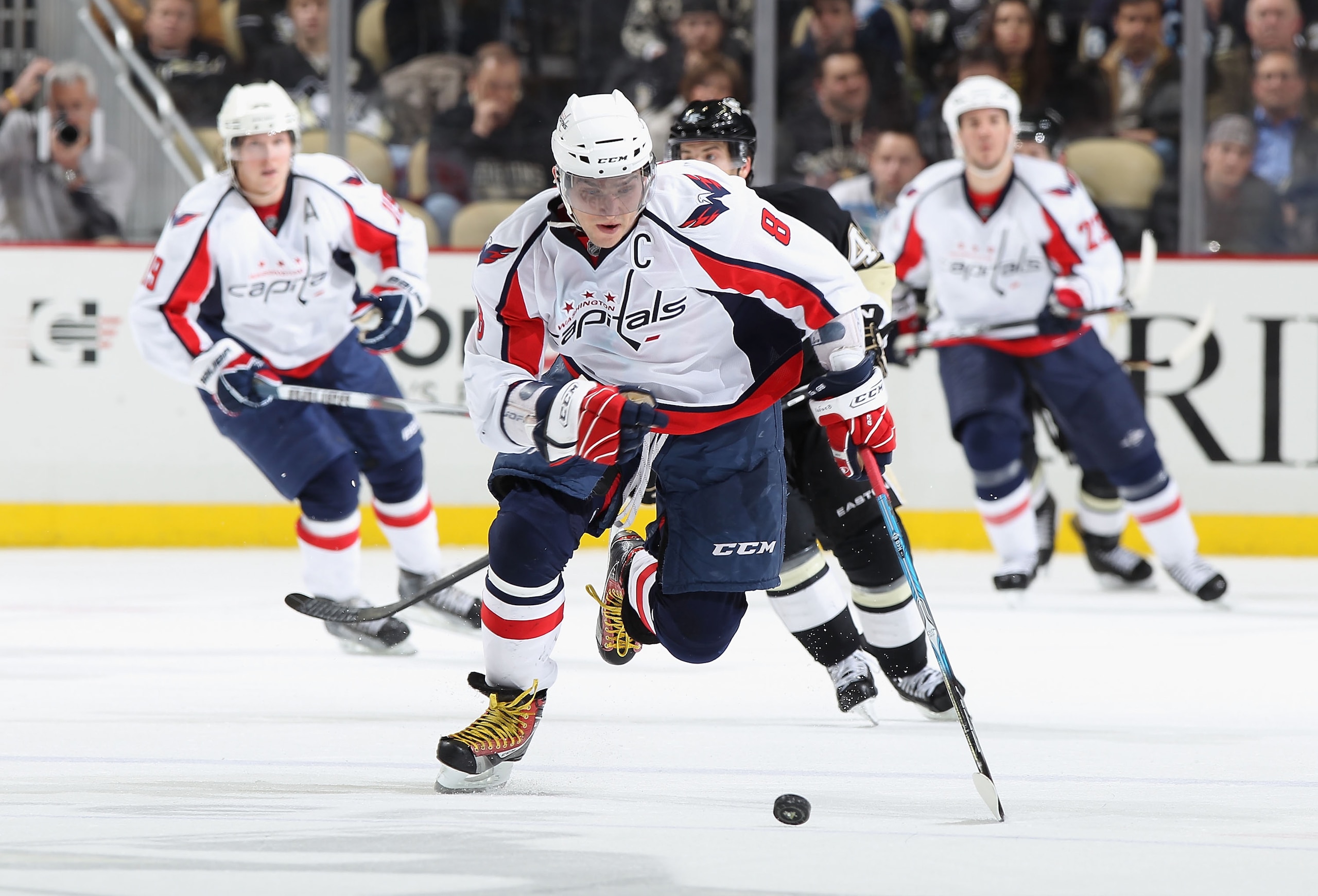 PITTSBURGH, PA - FEBRUARY 21: Alex Ovechkin #8 of the Washington Capitals skates with the puck during the NHL game against the Pittsburgh Penguins at Consol Energy Center on February 21, 2011 in Pittsburgh, Pennsylvania. The Capitals defeated the Penguin PITTSBURGH, PA - FEBRUARY 21: Alex Ovechkin #8 of the Washington Capitals skates with the puck during the NHL game against the Pittsburgh Penguins at Consol Energy Center on February 21, 2011 in Pittsburgh, Pennsylvania. The Capitals defeated the Penguin