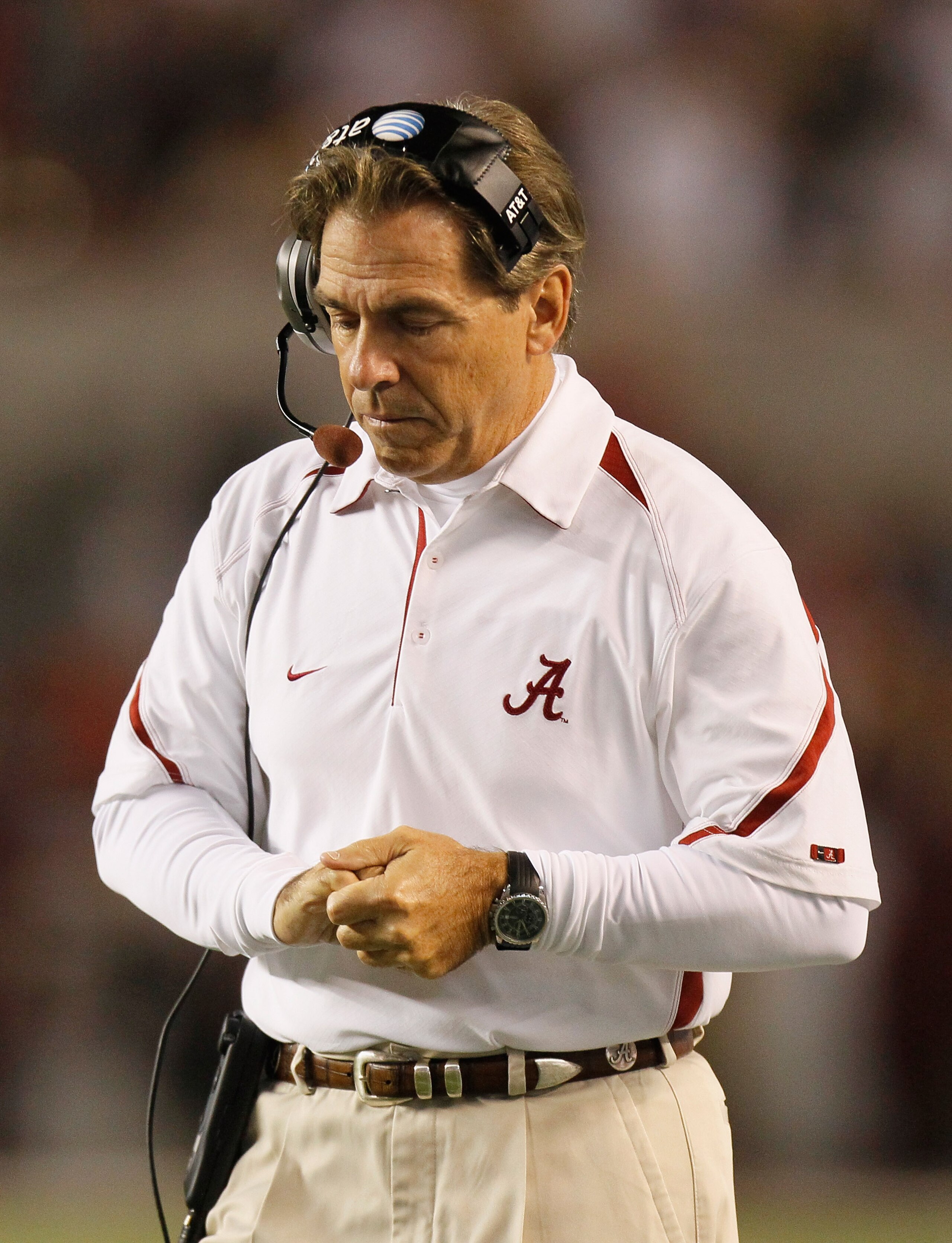TUSCALOOSA, AL - OCTOBER 16:  Head coach Nick Saban of the Alabama Crimson Tide against the Ole Miss Rebels at Bryant-Denny Stadium on October 16, 2010 in Tuscaloosa, Alabama.  (Photo by Kevin C. Cox/Getty Images)