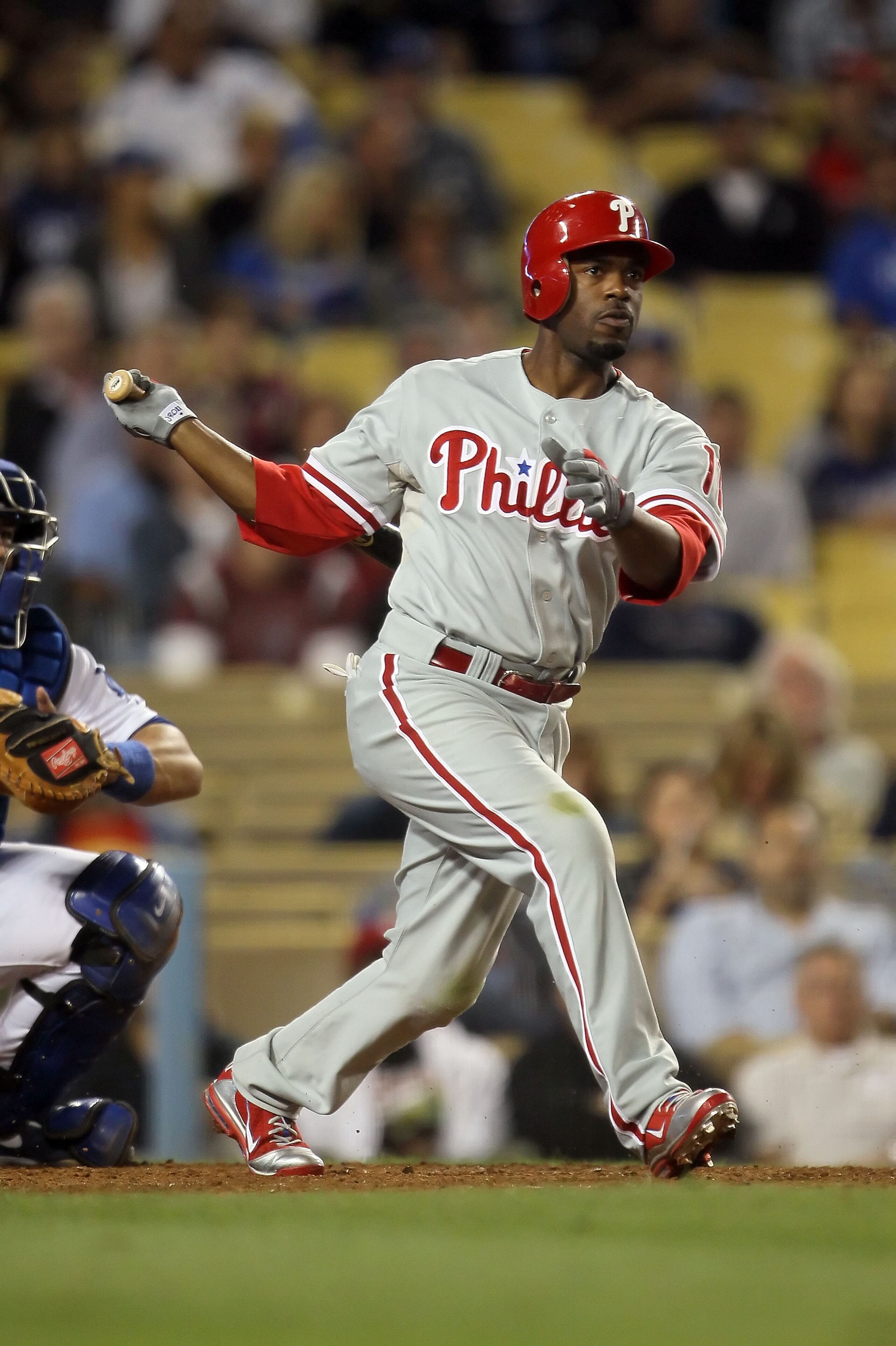 LOS ANGELES, CA - AUGUST 31: Jimmy Rollins #11 of the Philadelphia Phillies bats against the Los Angeles Dodgers at Dodger Stadium on August 31, 2010 in Los Angeles, California. The Phillies defeated the Dodgers 8-4. (Photo by Jeff Gross/Getty Images) LOS ANGELES, CA - AUGUST 31: Jimmy Rollins #11 of the Philadelphia Phillies bats against the Los Angeles Dodgers at Dodger Stadium on August 31, 2010 in Los Angeles, California. The Phillies defeated the Dodgers 8-4. (Photo by Jeff Gross/Getty Images)