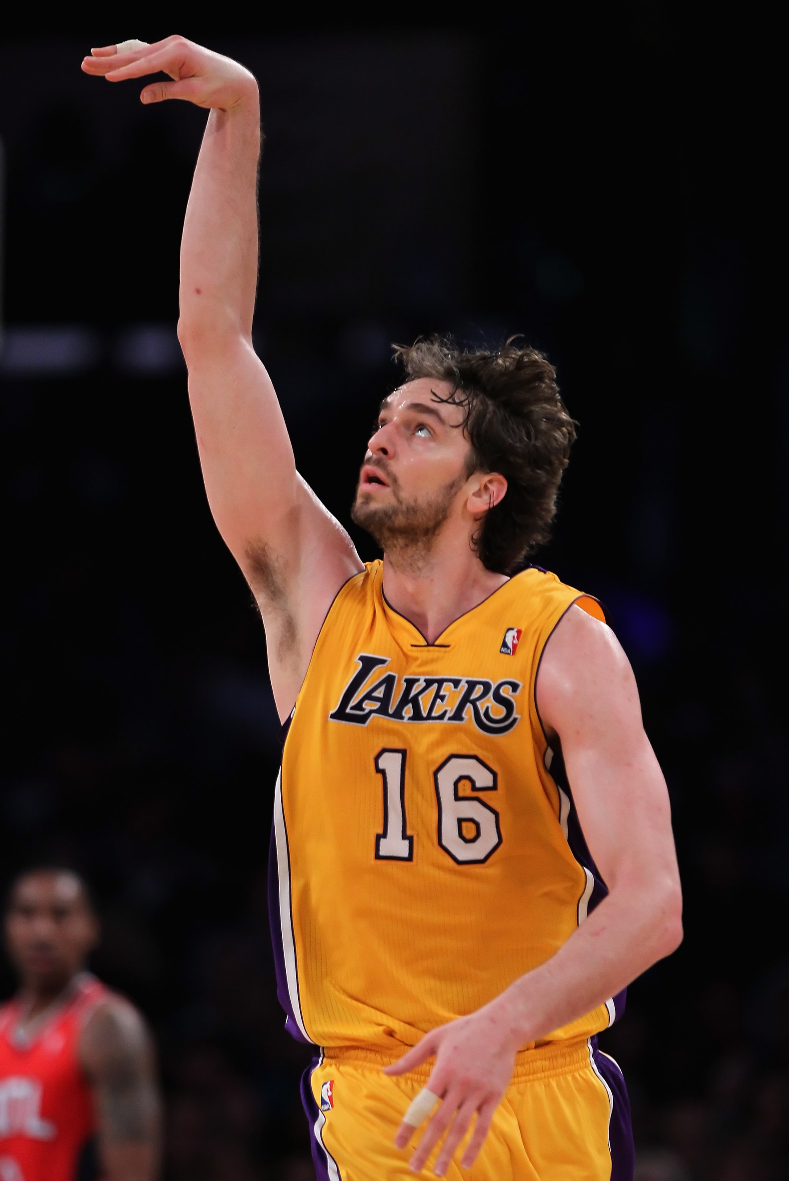 LOS ANGELES, CA - FEBRUARY 22:  Pau Gasol #16 of the Los Angeles Lakers celebrates after making a basket against the Atlanta Hawks in the second half at Staples Center on February 22, 2011 in Los Angeles, California. The Lakers defeated the Hawks 104-80. 