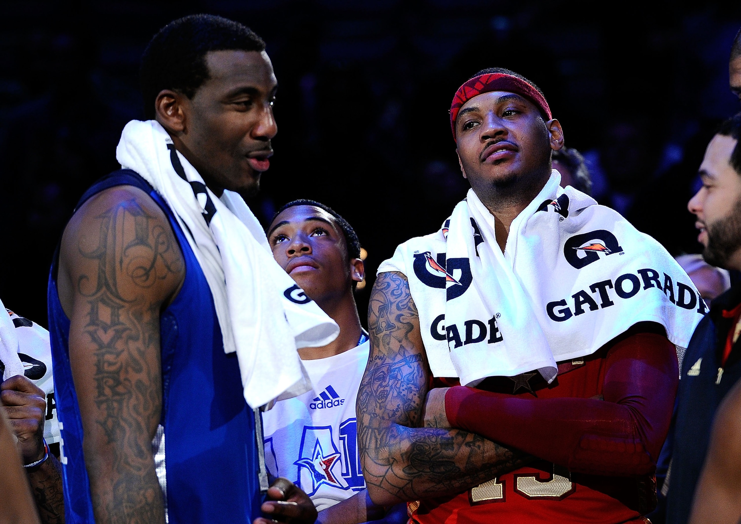LOS ANGELES, CA - FEBRUARY 20: Amare Stoudemire #1 of the New York Knicks and the Eastern Conference stands with Carmelo Anthony #15 of the Denver Nuggets and the Western Conference after the Western Conference won 148-143 victory in the 2011 NBA All-Sta LOS ANGELES, CA - FEBRUARY 20: Amare Stoudemire #1 of the New York Knicks and the Eastern Conference stands with Carmelo Anthony #15 of the Denver Nuggets and the Western Conference after the Western Conference won 148-143 victory in the 2011 NBA All-Sta