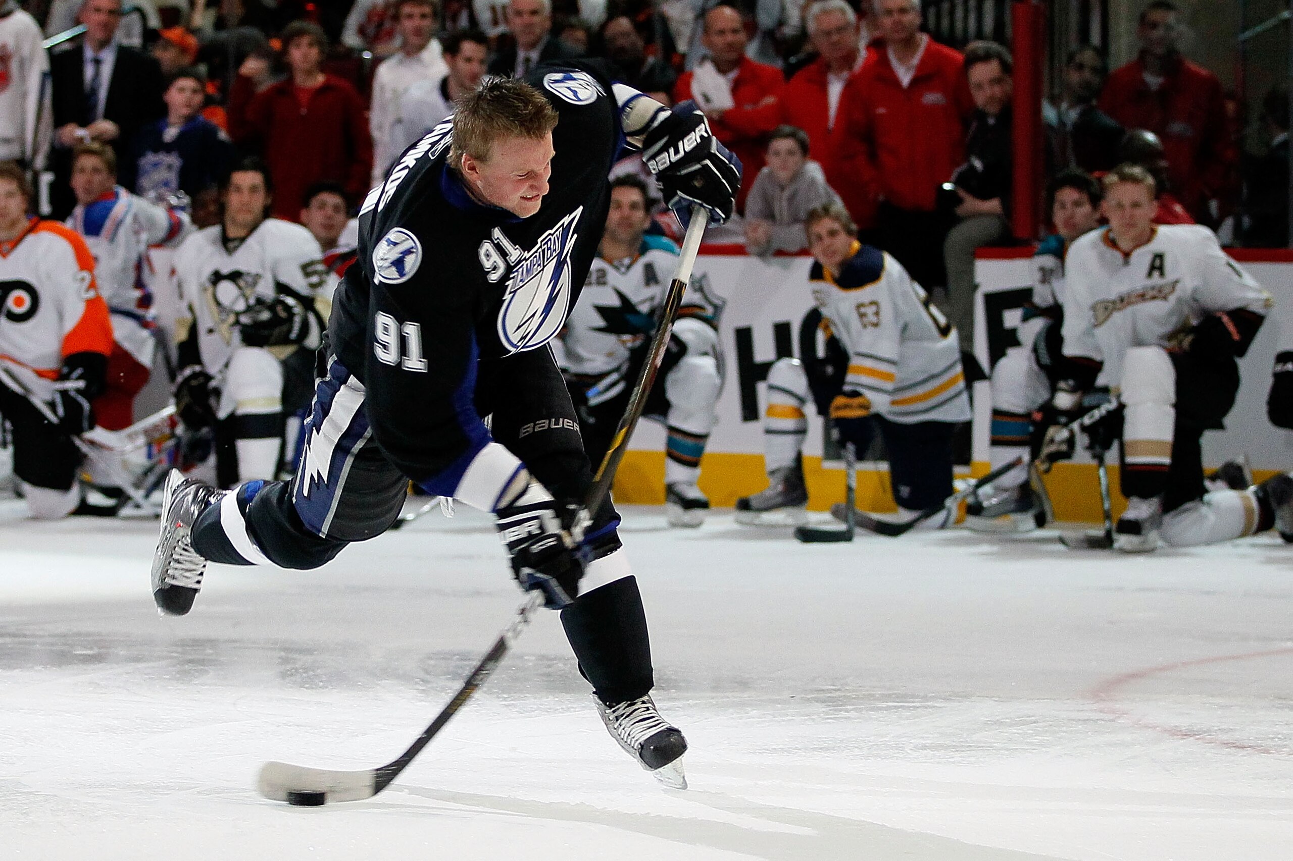 RALEIGH, NC - JANUARY 29: Steven Stamkos #91 of the Tampa Bay Lightning competes in the hardest shot part of the Honda NHL SuperSkills competition part of 2011 NHL All-Star Weekend at the RBC Center on January 29, 2011 in Raleigh, North Carolina. (Photo RALEIGH, NC - JANUARY 29: Steven Stamkos #91 of the Tampa Bay Lightning competes in the hardest shot part of the Honda NHL SuperSkills competition part of 2011 NHL All-Star Weekend at the RBC Center on January 29, 2011 in Raleigh, North Carolina. (Photo