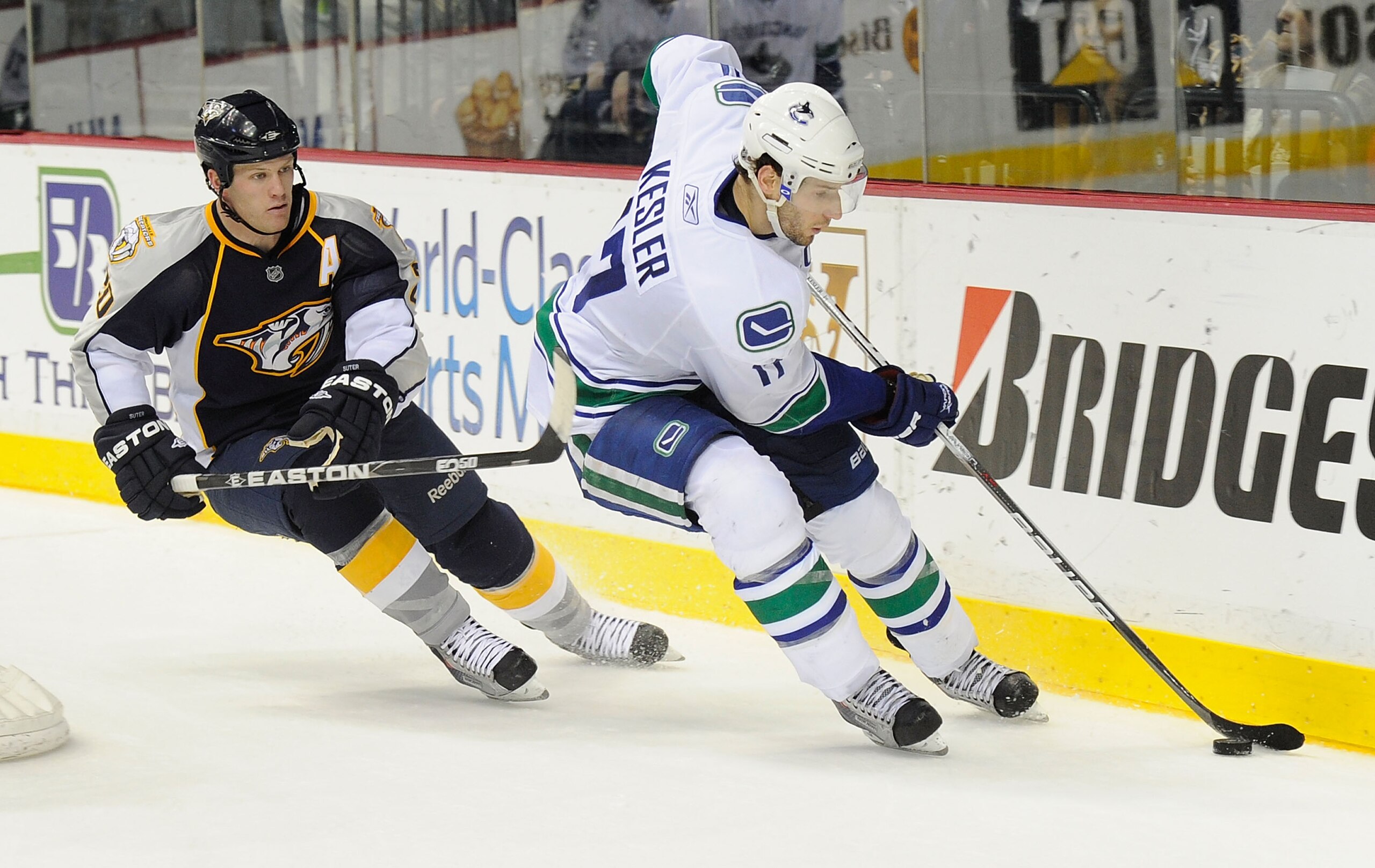 NASHVILLE, TN - FEBRUARY 17: Ryan Kesler #17 of the Vancouver Canucks skates against Ryan Suter #20 of the Nashville Predators on February 17, 2011 at the Bridgestone Arena in Nashville, Tennessee. (Photo by Frederick Breedon/Getty Images) NASHVILLE, TN - FEBRUARY 17: Ryan Kesler #17 of the Vancouver Canucks skates against Ryan Suter #20 of the Nashville Predators on February 17, 2011 at the Bridgestone Arena in Nashville, Tennessee. (Photo by Frederick Breedon/Getty Images)
