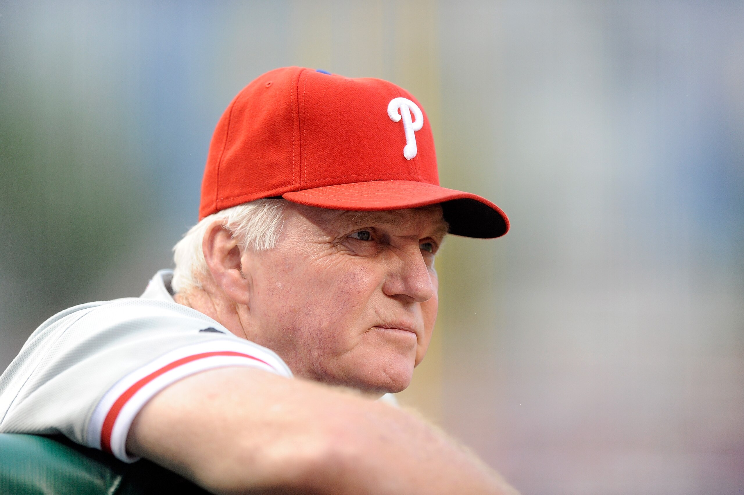WASHINGTON - AUGUST 01:  Manager Charlie Manuel of the Philadelphia Phillies watches the game against the Washington Nationals at Nationals Park on August 1, 2010 in Washington, DC.  (Photo by Greg Fiume/Getty Images)
