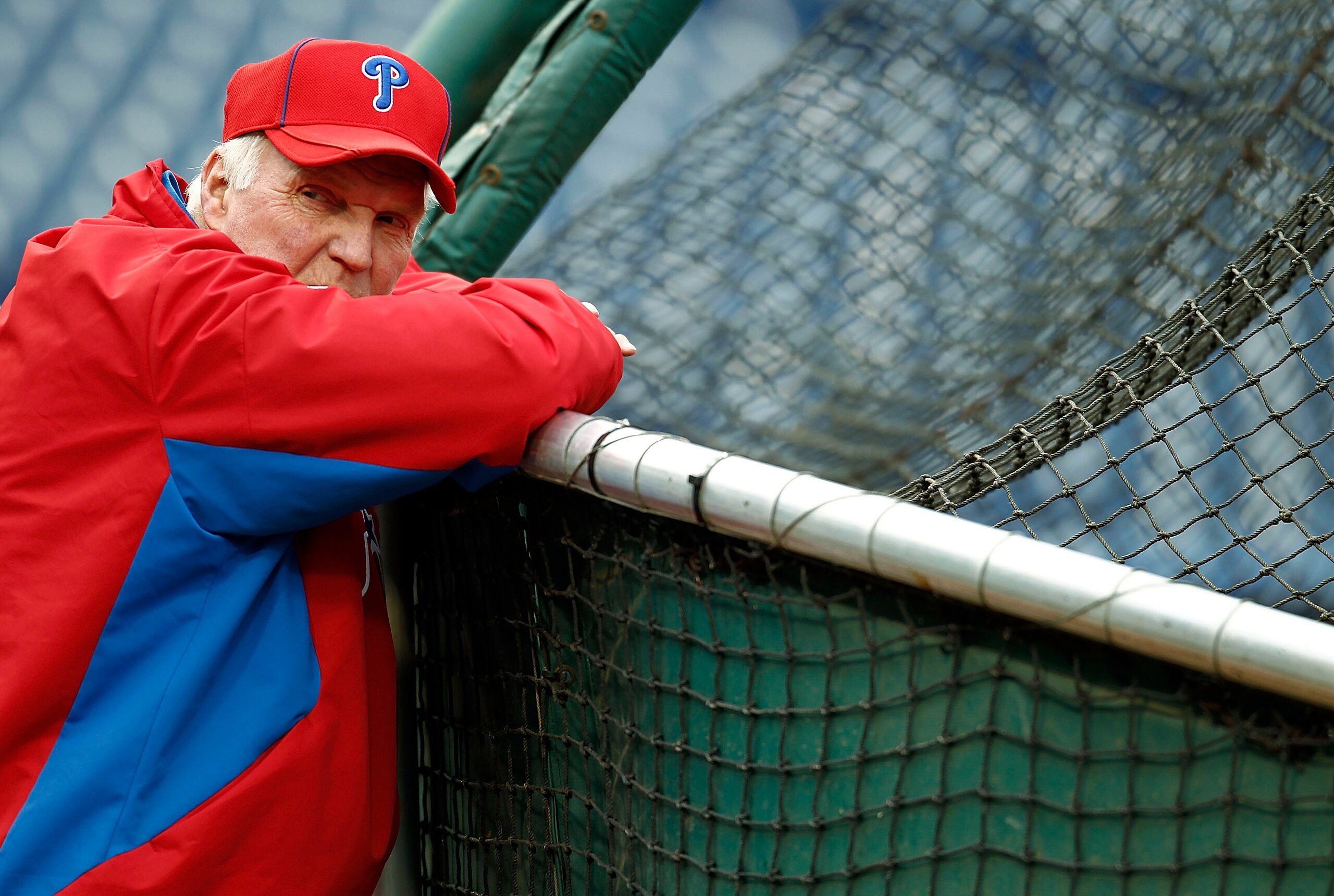 PHILADELPHIA - OCTOBER 15:  Charlie Manuel #41 of the Philadelphia Phillies smiles during a workout before the NLCS against the San Francisco Giants at Citizens Bank Park on October 15, 2010 in Philadelphia, Pennsylvania.  (Photo by Jeff Zelevansky/Getty
