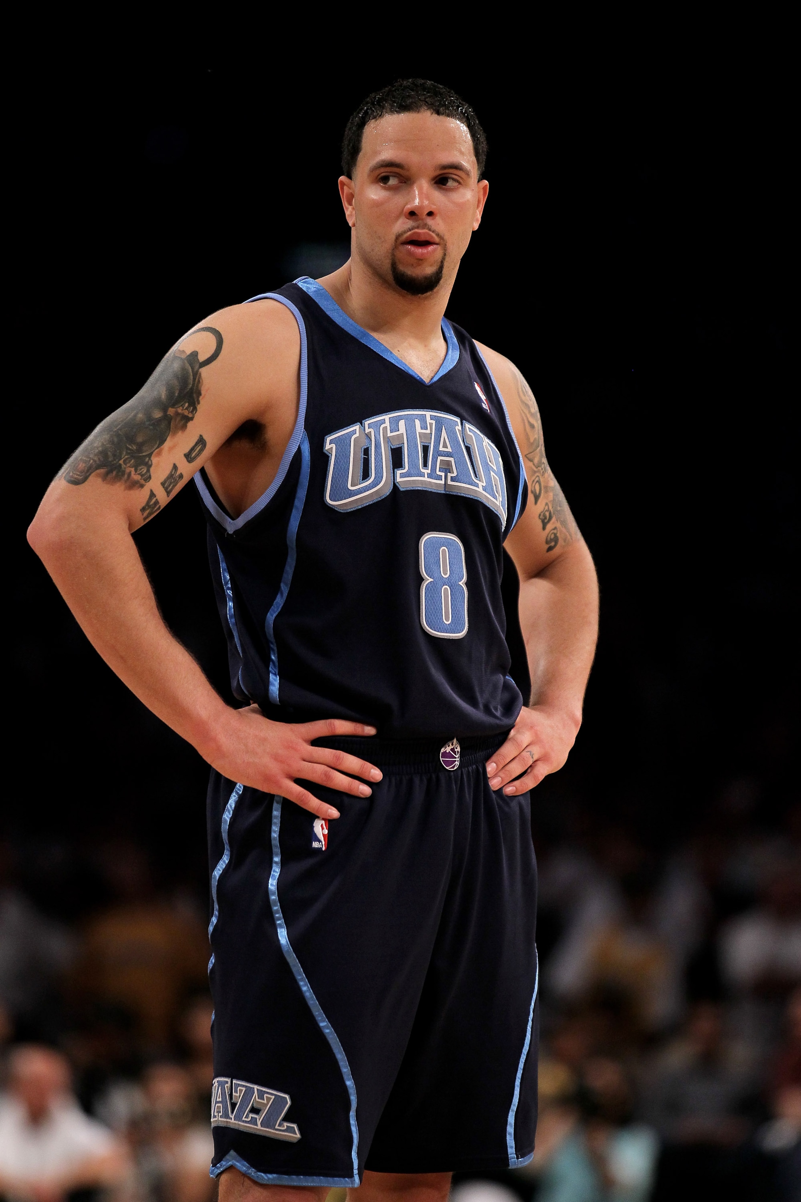 LOS ANGELES - MAY 2: Deron Williams #8 of the Utah Jazz stands on the court against the Los Angeles Lakers during Game One of the Western Conference Semifinals of the 2010 NBA Playoffs on May 2, 2010 at Staples Center in Los Angeles, California.  The Lake