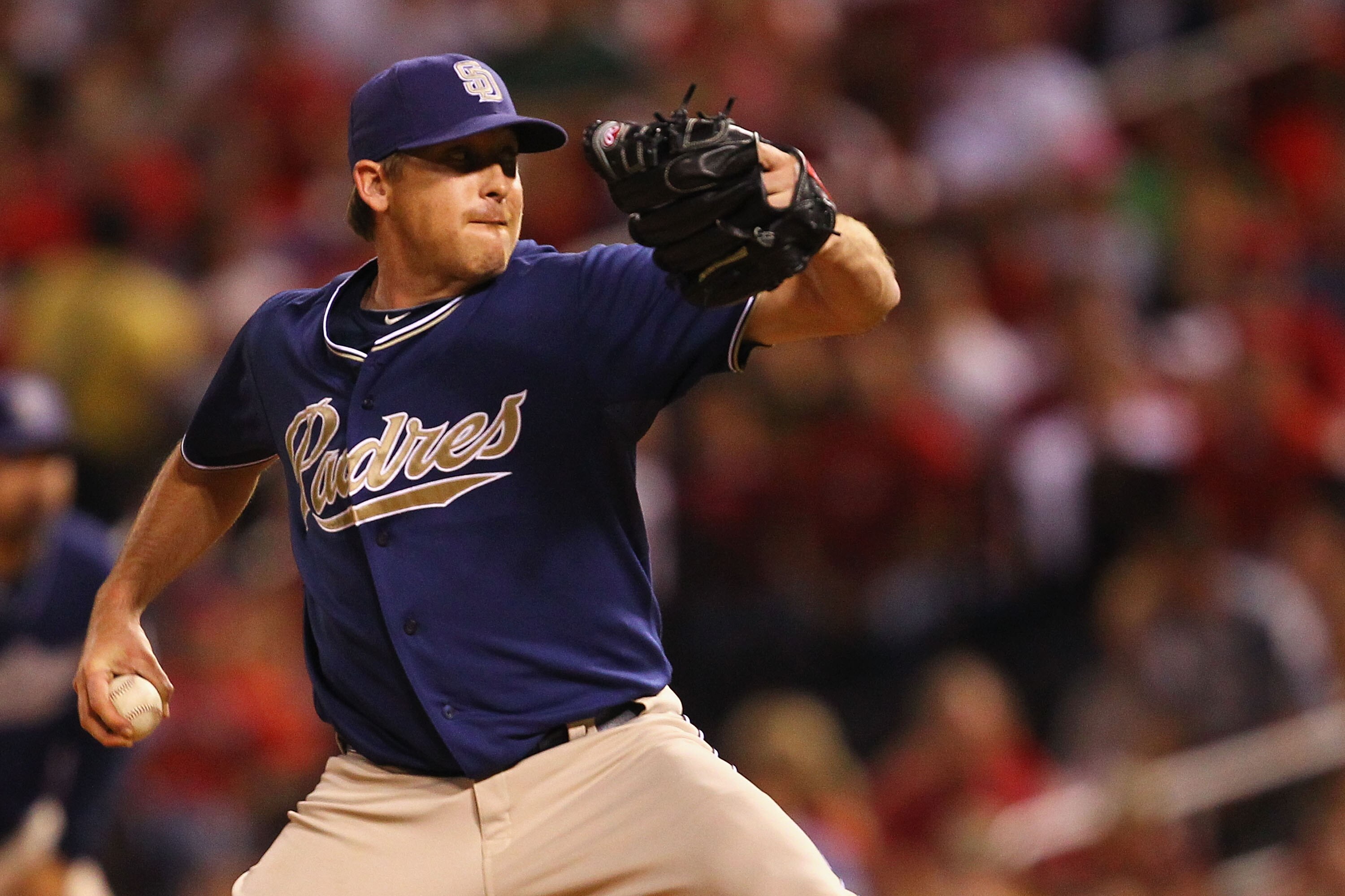 ST. LOUIS - SEPTEMBER 17: Reliever Kevin Correia #29 of the San Diego Padres pitches against the St. Louis Cardinals at Busch Stadium on September 17, 2010 in St. Louis, Missouri.  The Cardinals beat the Padres 14-4.   (Photo by Dilip Vishwanat/Getty Imag