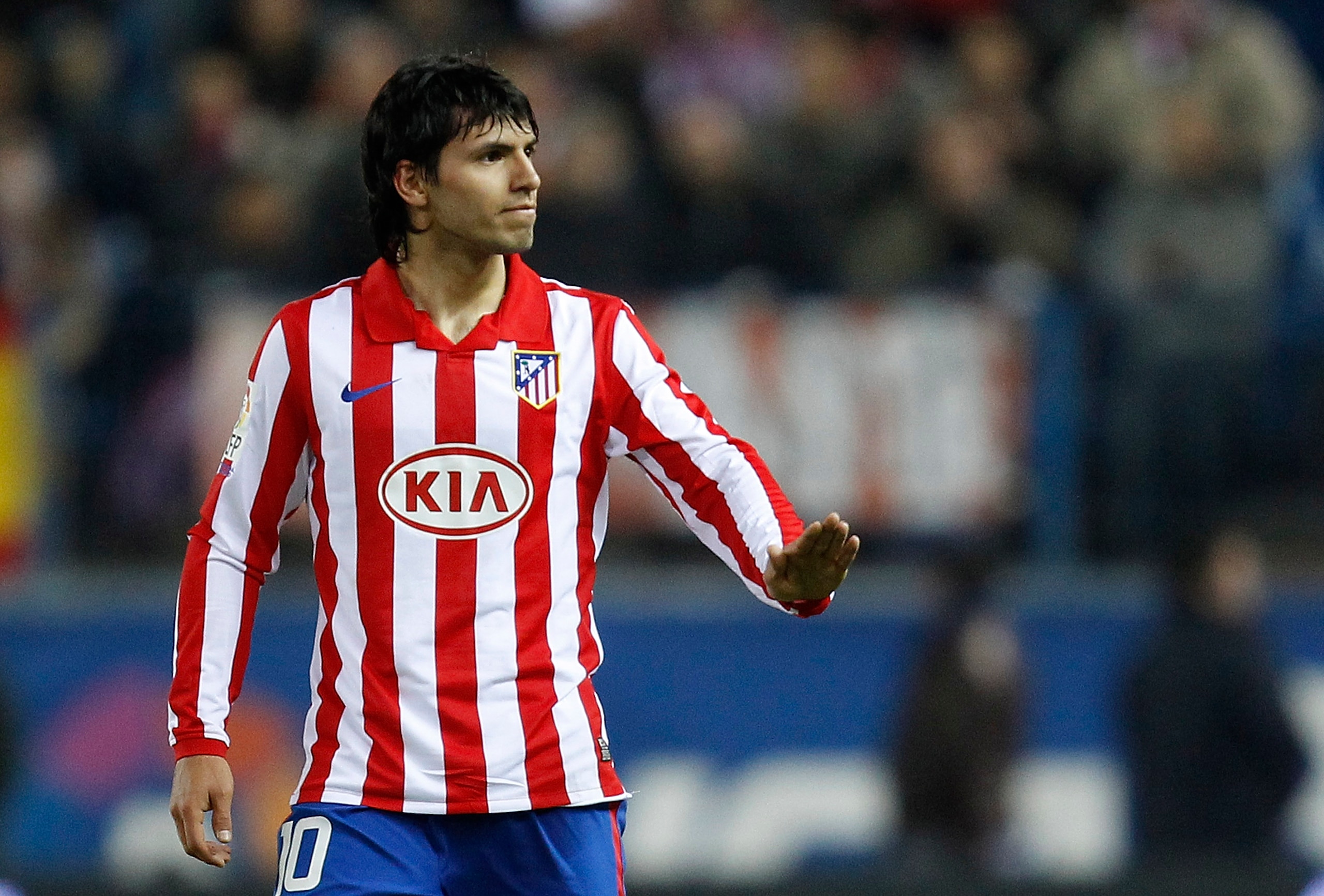 MADRID, SPAIN - FEBRUARY 28: Sergio Aguero of Atletico Madrid reacts during the La Liga match between Atletico Madrid and Valencia at Vicente Calderon Stadium on February 28, 2010 in Madrid, Spain. Atletico won the match 4-1. (Photo by Angel Martinez/Get MADRID, SPAIN - FEBRUARY 28: Sergio Aguero of Atletico Madrid reacts during the La Liga match between Atletico Madrid and Valencia at Vicente Calderon Stadium on February 28, 2010 in Madrid, Spain. Atletico won the match 4-1. (Photo by Angel Martinez/Get