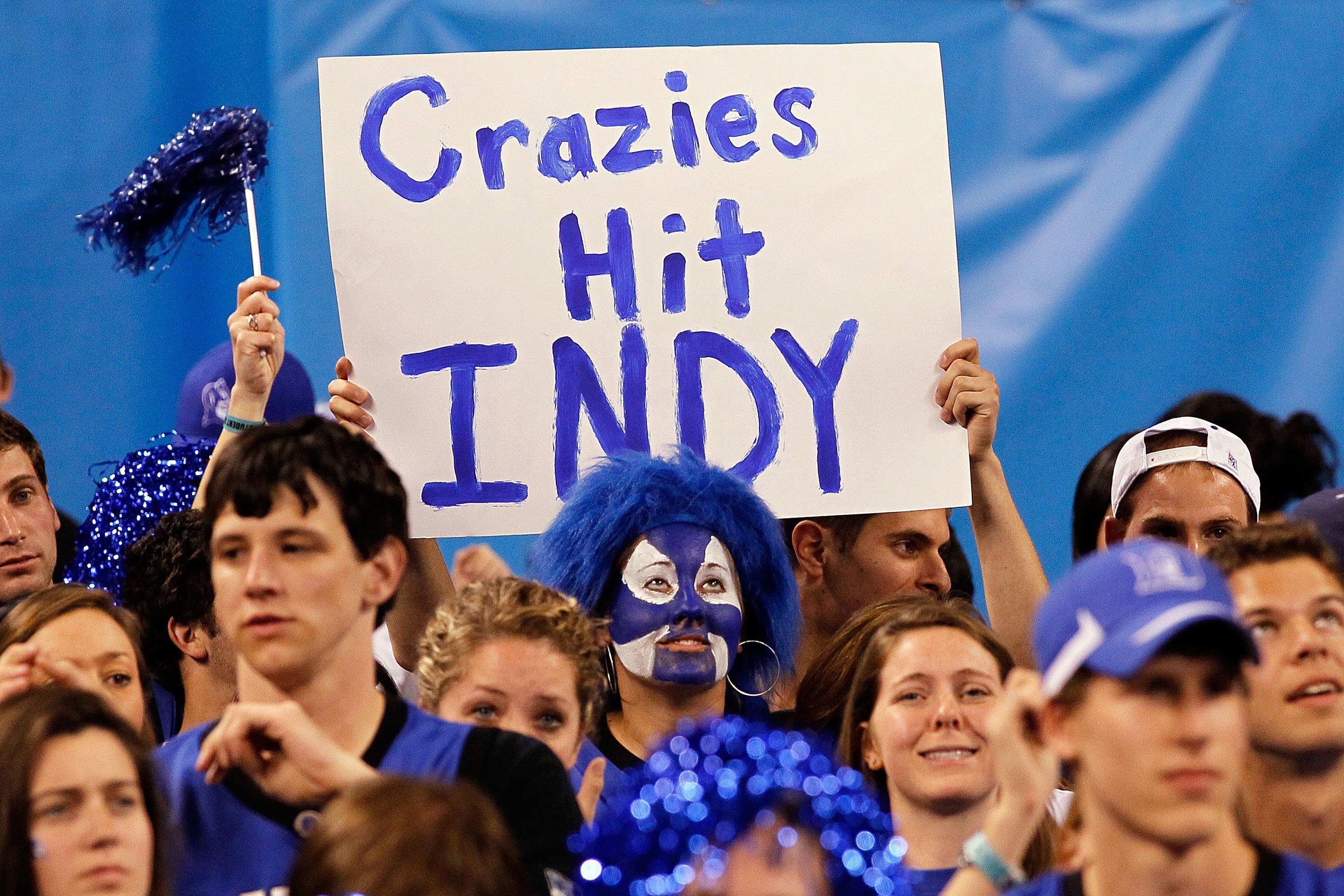 INDIANAPOLIS - APRIL 03: Fans of the Duke Blue Devils hold up signs from the student section while taking on the West Virginia Mountaineers during the National Semifinal game of the 2010 NCAA Division I Men's Basketball Championship at Lucas Oil Stadium