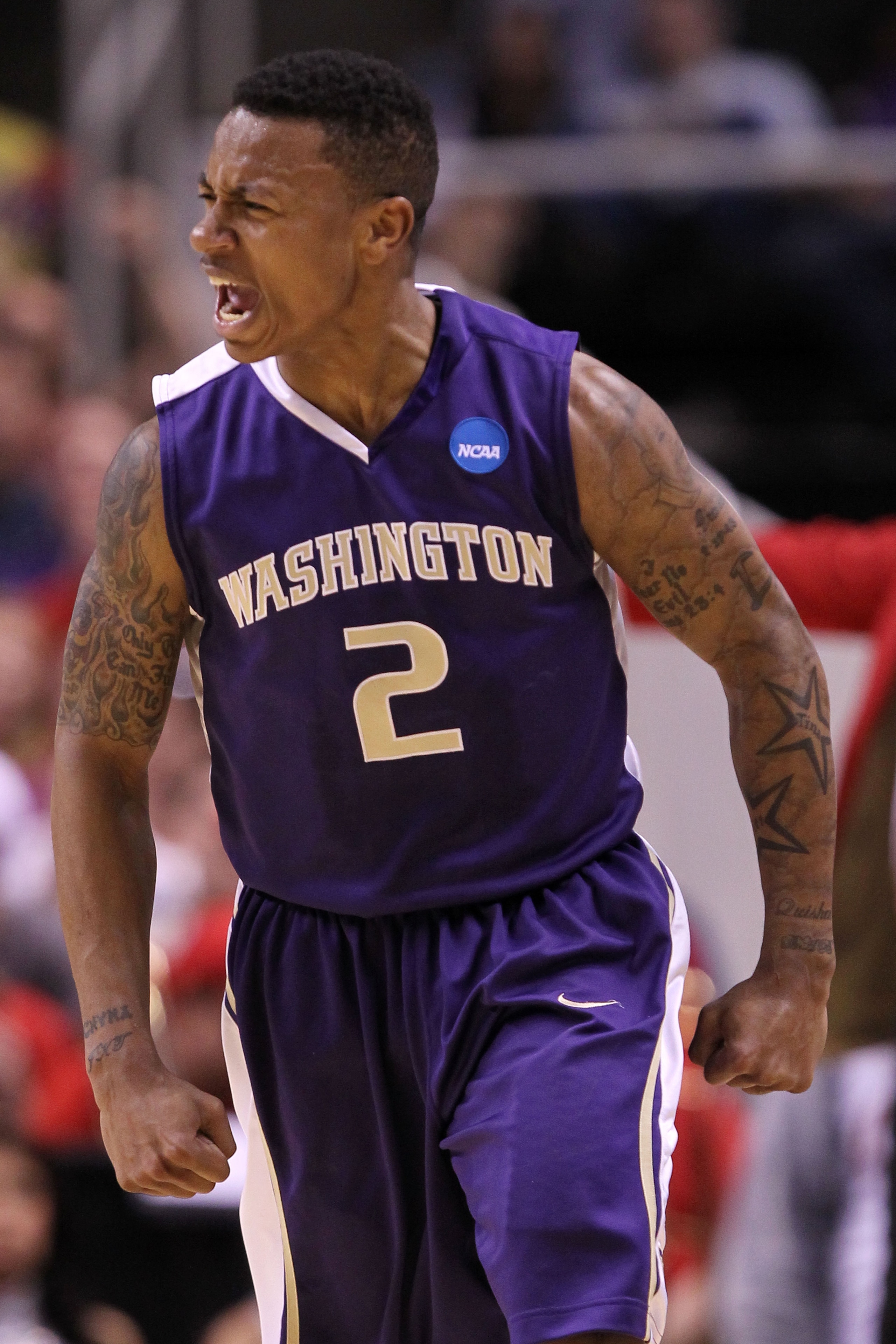 SAN JOSE, CA - MARCH 20:  Guard Isaiah Thomas #2 of the Washington Huskies celebrates after a three point basket to give the Huskies a 10 point lead against the New Mexico Lobos in the second round of the 2010 NCAA men's basketball tournament at HP Pavili