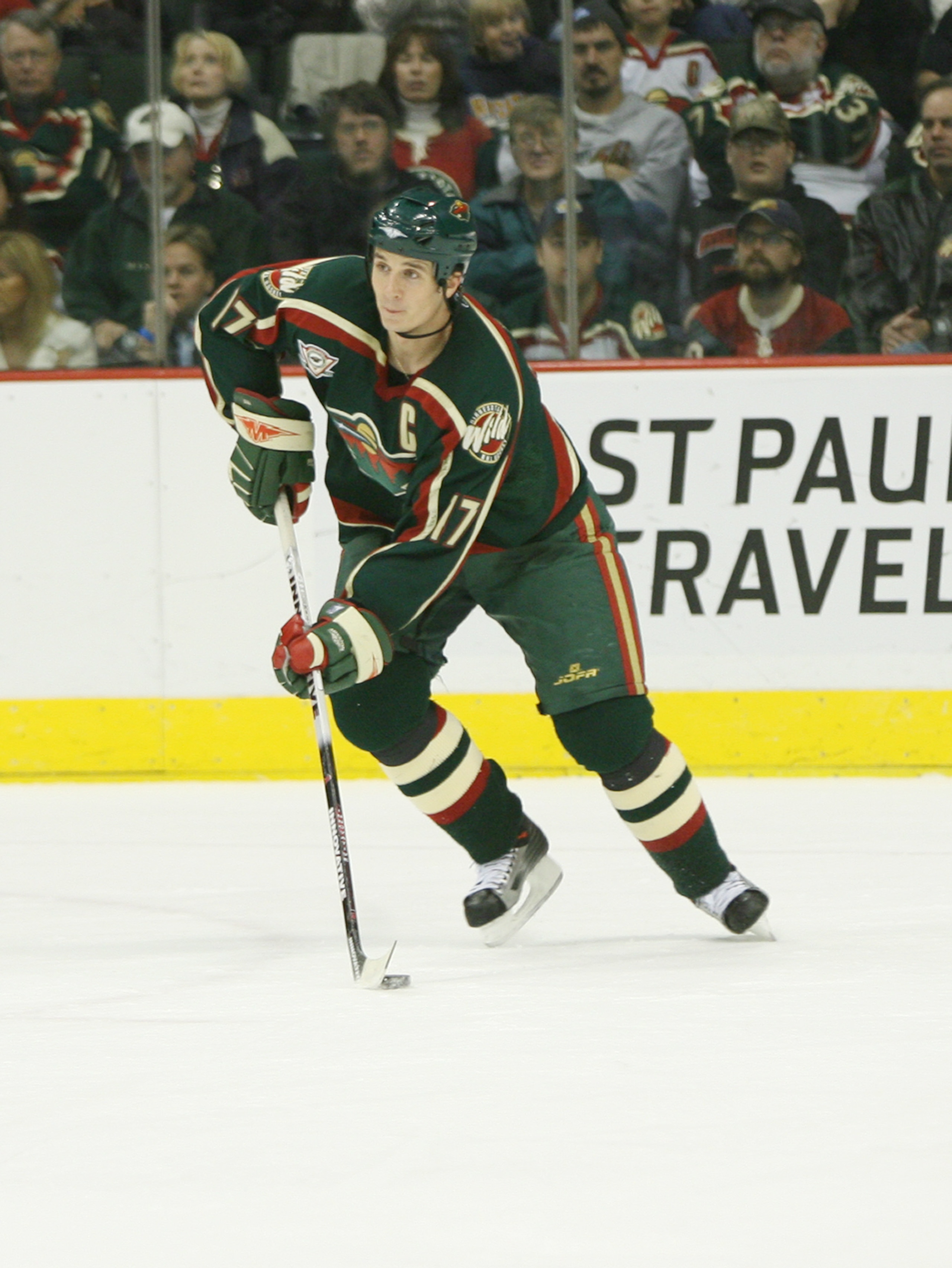 SAINT PAUL, MN - NOVEMBER 23:  Defenseman Filip Kuba #17 of the Minnesota Wild skates with the puck against the Edmonton Oilers at Xcel Energy Center on November 23, 2005 in Saint Paul, Minnesota.  The Oilers defeated the Wild 4-3. (Photo by David Sherman