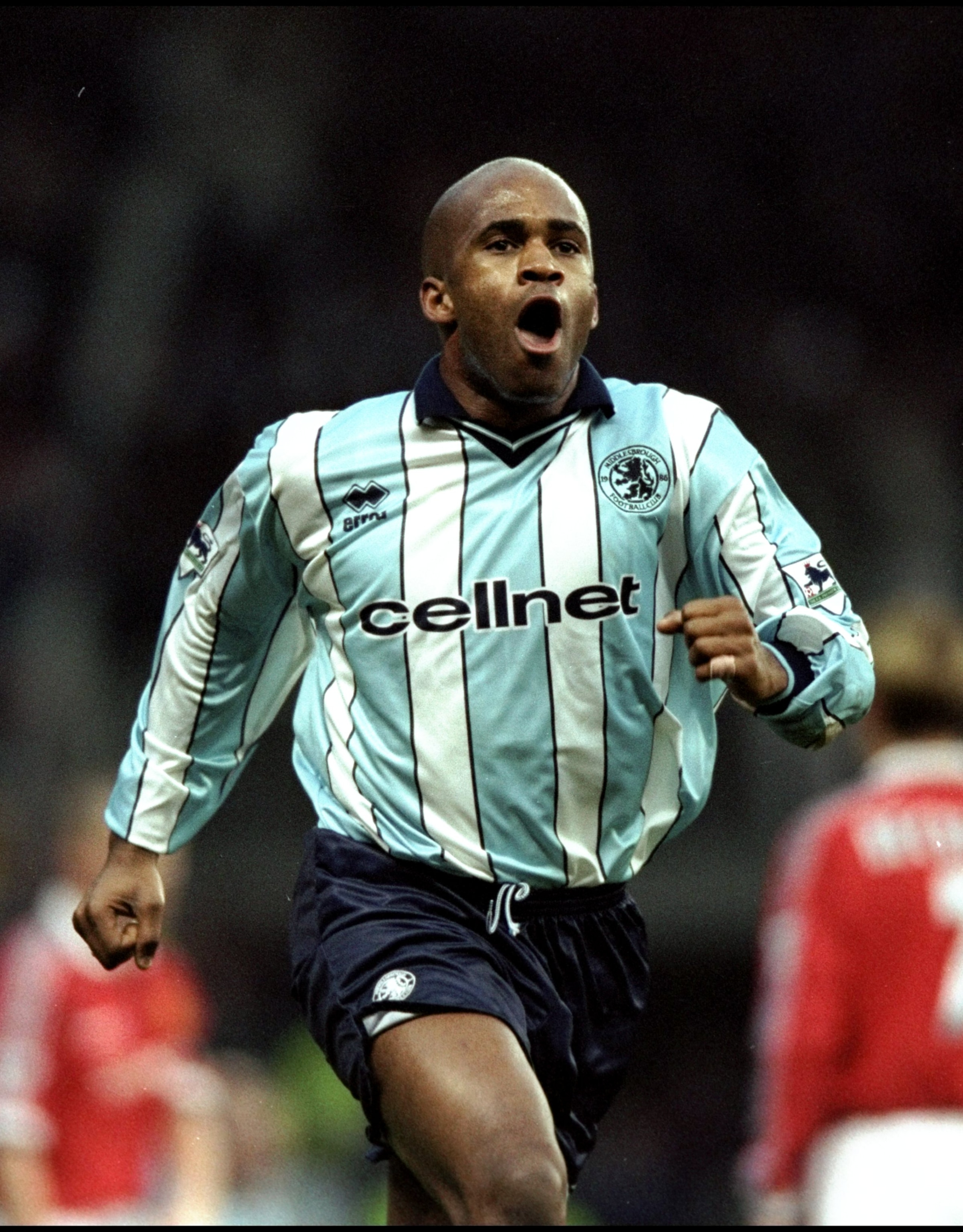 19 Dec 1998:  Dean Gordon of Middlesbrough celebrates his goal against Manchester United in the FA Carling Premiership match at Old Trafford in Manchester, England. Boro won 3-2. \ Mandatory Credit: Shaun Botterill /Allsport