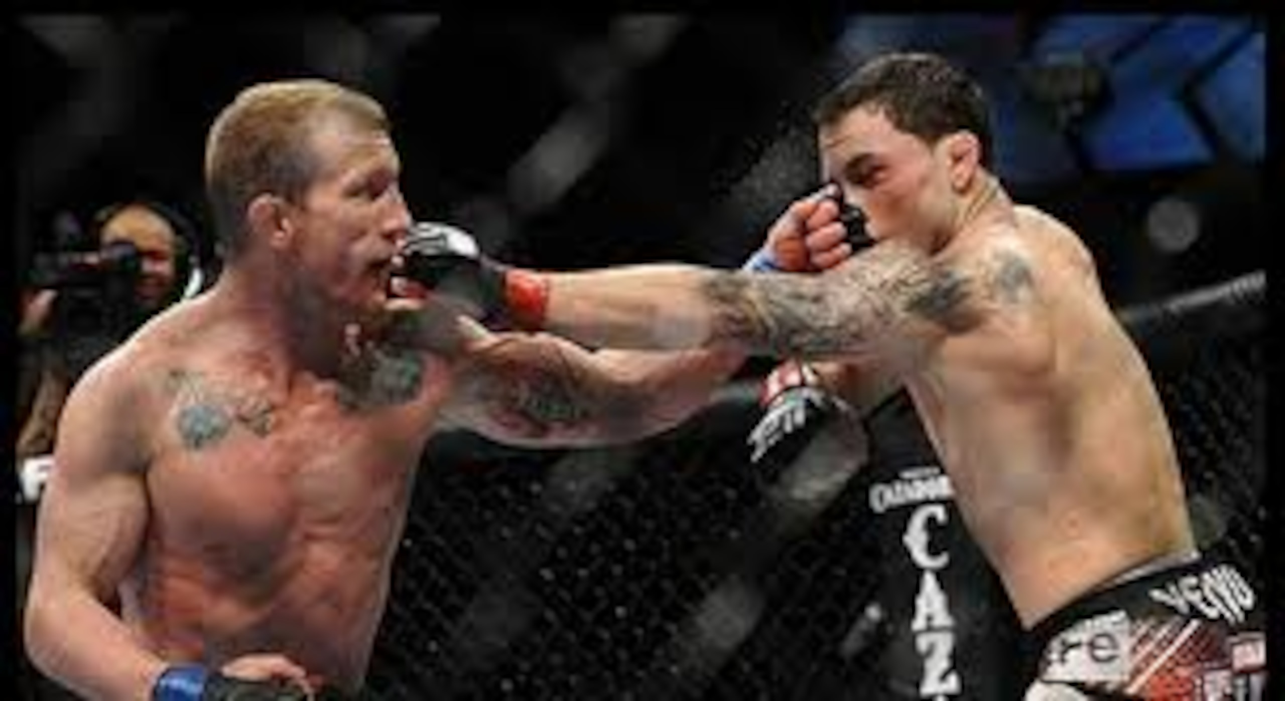 Frankie Edgar getting dropped by a left hook from Gray Maynard