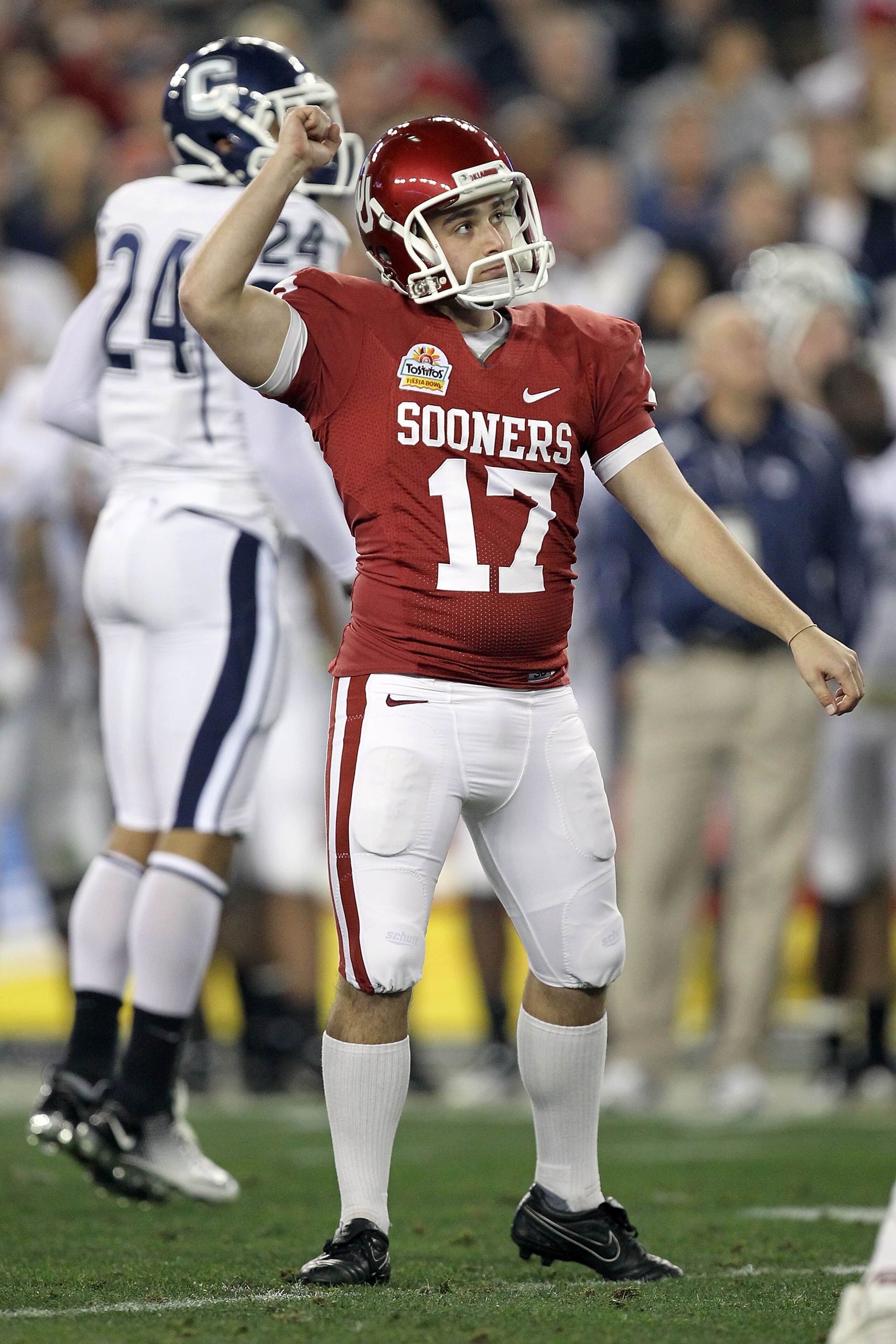 GLENDALE, AZ - JANUARY 01:  Jimmy Stevens #17 of the Oklahoma Sooners reacts after making a 41-yard field goal in the second quarter against the Connecticut Huskies during the Tostitos Fiesta Bowl at the Universtity of Phoenix Stadium on January 1, 2011 i