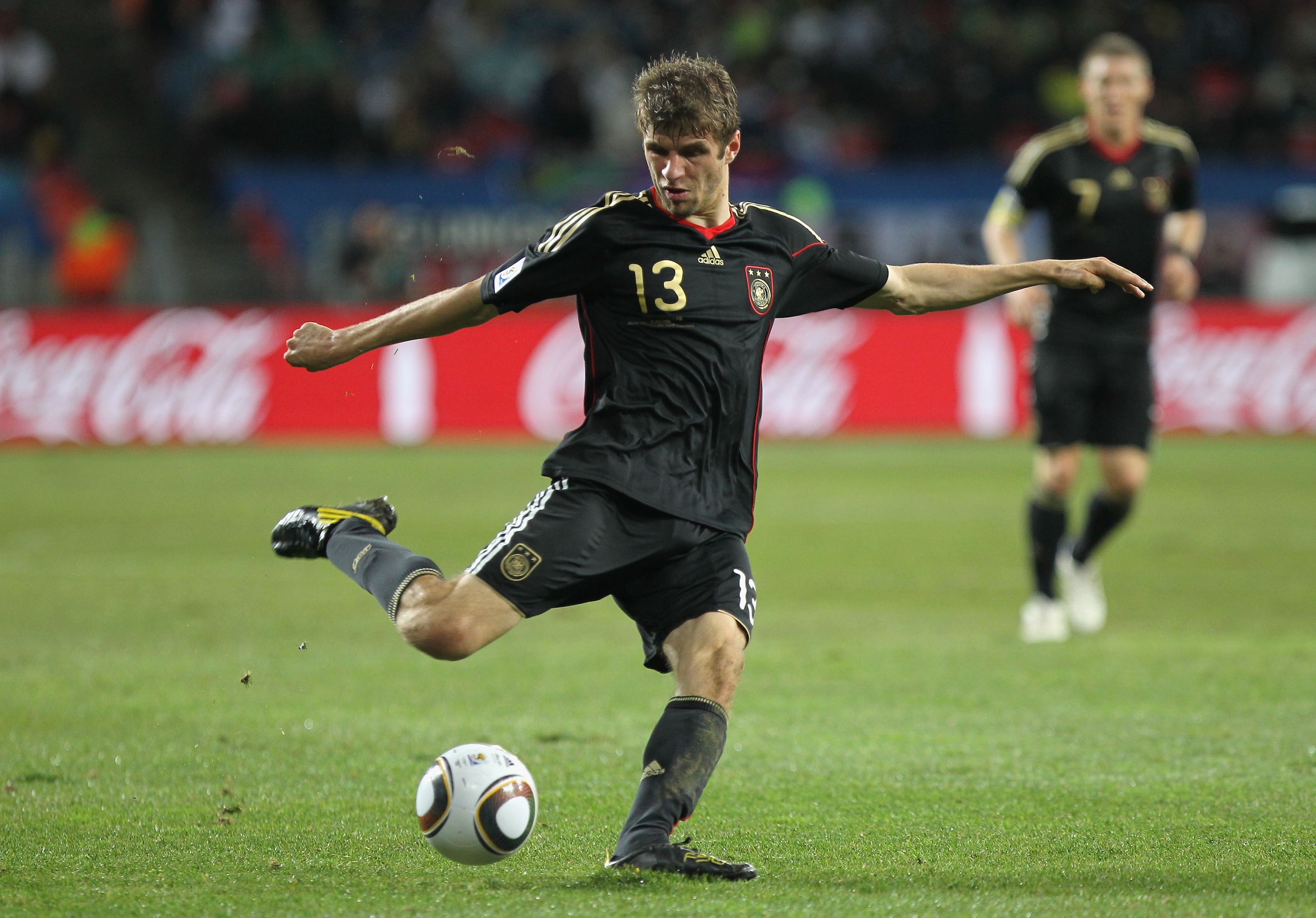PORT ELIZABETH, SOUTH AFRICA - JULY 10: Thomas Mueller of Germany in action during the 2010 FIFA World Cup South Africa Third Place Play-off match between Uruguay and Germany at The Nelson Mandela Bay Stadium on July 10, 2010 in Port Elizabeth, South Afr PORT ELIZABETH, SOUTH AFRICA - JULY 10: Thomas Mueller of Germany in action during the 2010 FIFA World Cup South Africa Third Place Play-off match between Uruguay and Germany at The Nelson Mandela Bay Stadium on July 10, 2010 in Port Elizabeth, South Afr