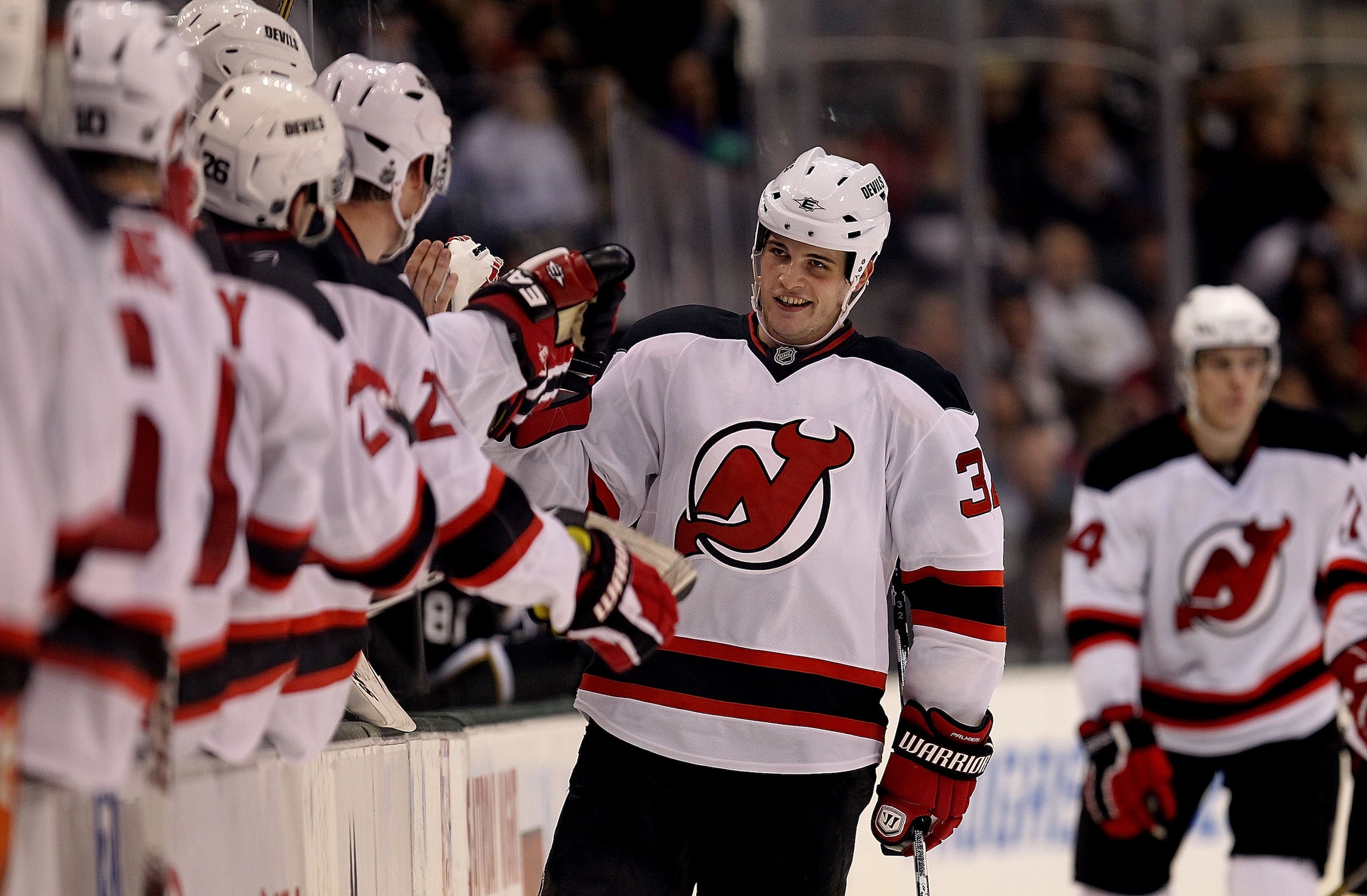 DALLAS, TX - FEBRUARY 22: Right wing Nick Palmieri #32 of the New Jersey Devils celebrates a goal against the Dallas Stars at American Airlines Center on February 22, 2011 in Dallas, Texas. (Photo by Ronald Martinez/Getty Images) DALLAS, TX - FEBRUARY 22: Right wing Nick Palmieri #32 of the New Jersey Devils celebrates a goal against the Dallas Stars at American Airlines Center on February 22, 2011 in Dallas, Texas. (Photo by Ronald Martinez/Getty Images)